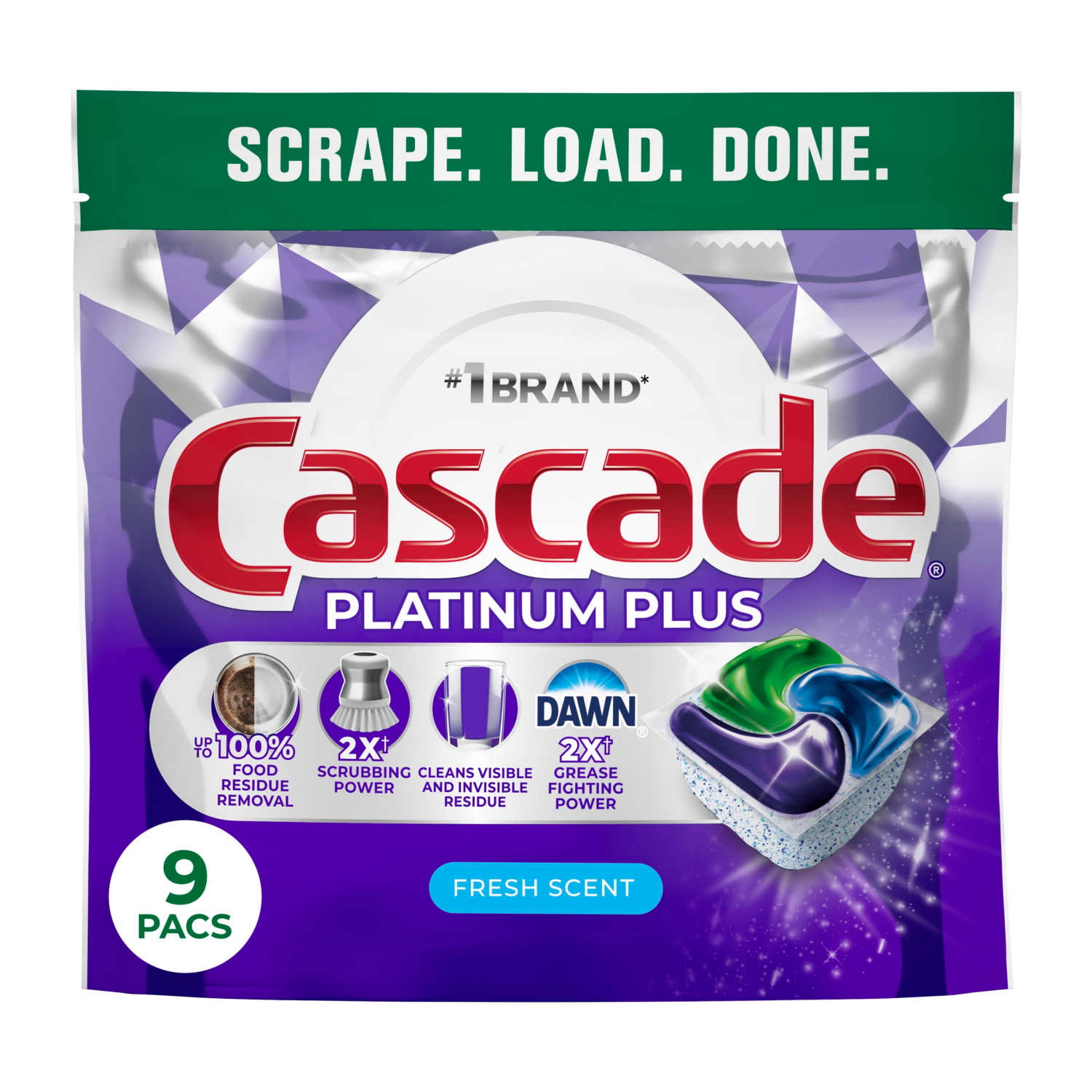 slide 1 of 8, Cascade Action Pacs Platinum Plus Fresh Scent Dishwashing Tabs 9 Count, 9 ct