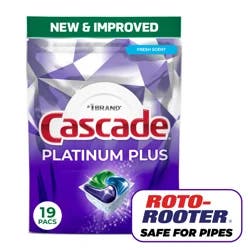 Cascade Platinum Plus Dishwasher Pods, Dishwasher Detergent, Dish Detergent Soap, Fresh, 19 Count