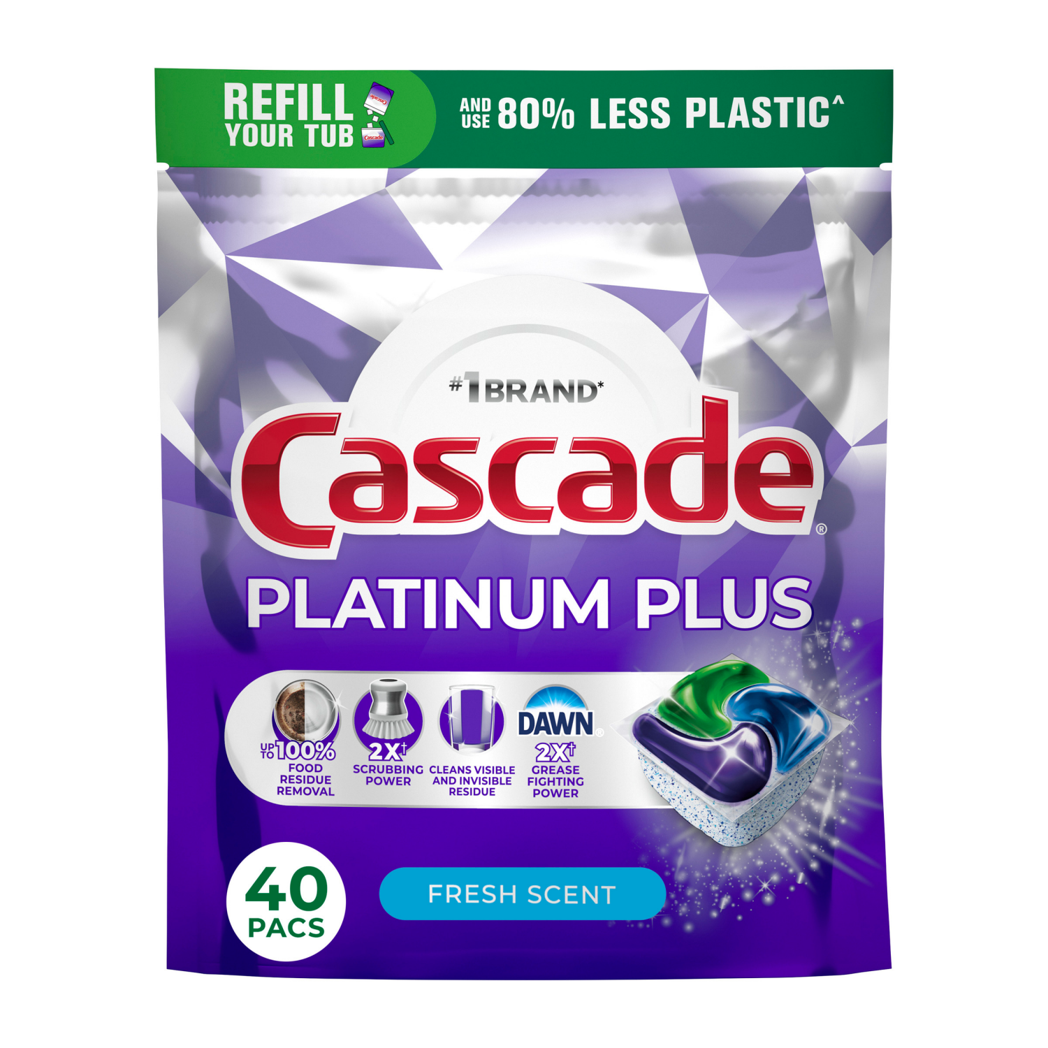 slide 1 of 8, Cascade Platinum Plus Actionpacs Fresh Scent 40 Ct - 40 CT, 40 ct