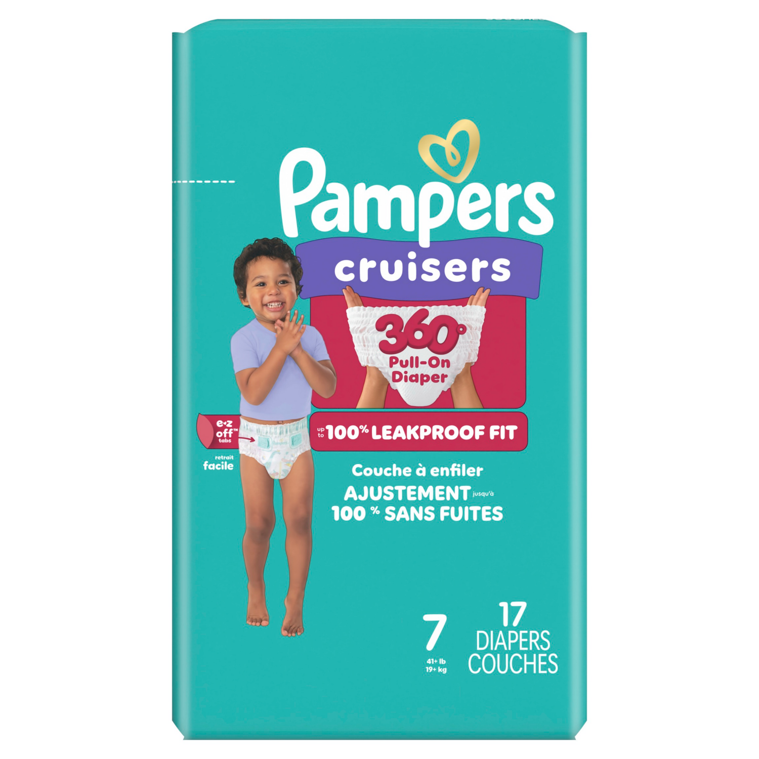 slide 3 of 8, Pampers Cruisers 360 Pull-On Diapers, Size 7 (41+ lbs), 17 Count, Babyproof up to 100% leakproof diaper, 17 ct