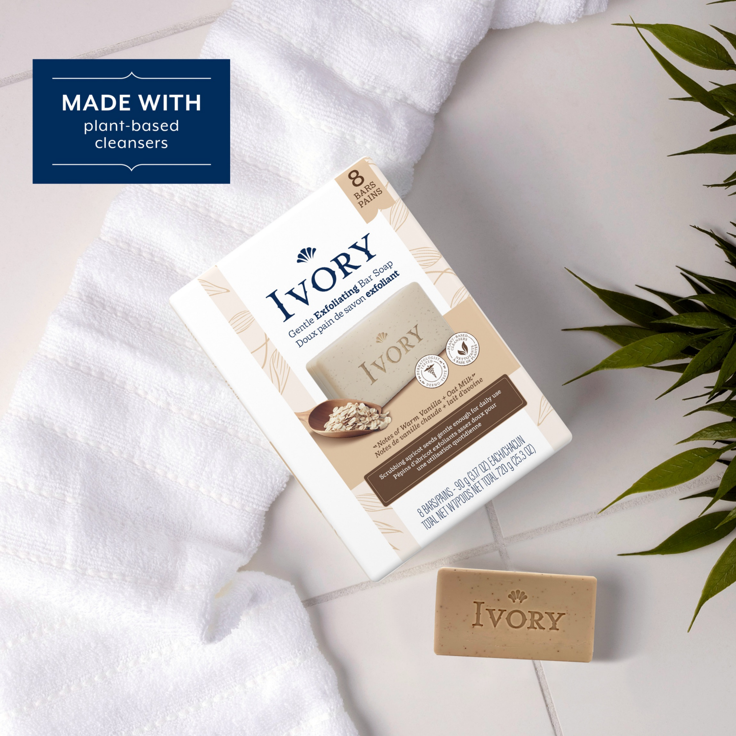 slide 2 of 5, Ivory Gentle Exfoliating Bar Soap, Notes of Warm Vanilla + Oat Milk, 3.17 oz., 8 Count, 3.17 oz, 8 ct