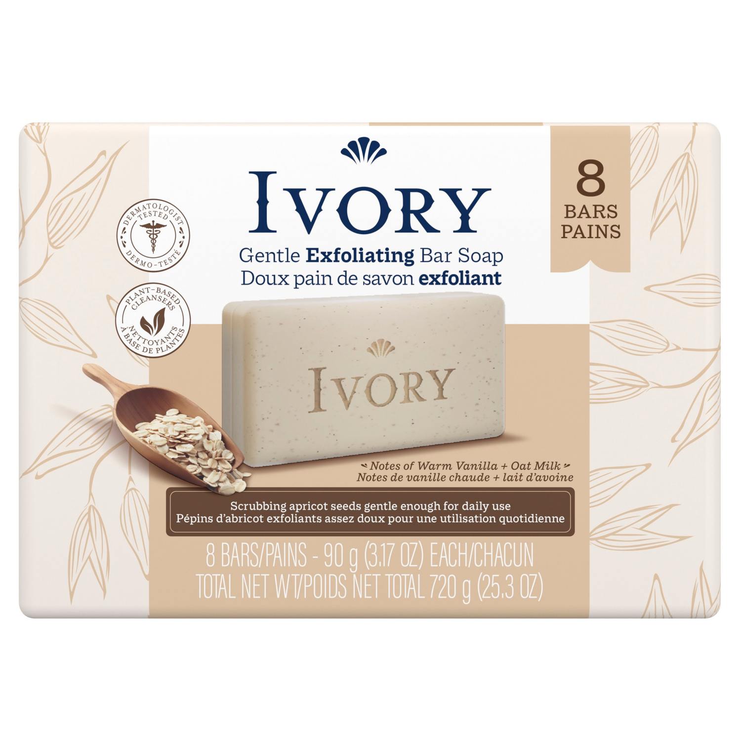 slide 3 of 5, Ivory Gentle Exfoliating Bar Soap, Notes of Warm Vanilla + Oat Milk, 3.17 oz., 8 Count, 3.17 oz, 8 ct