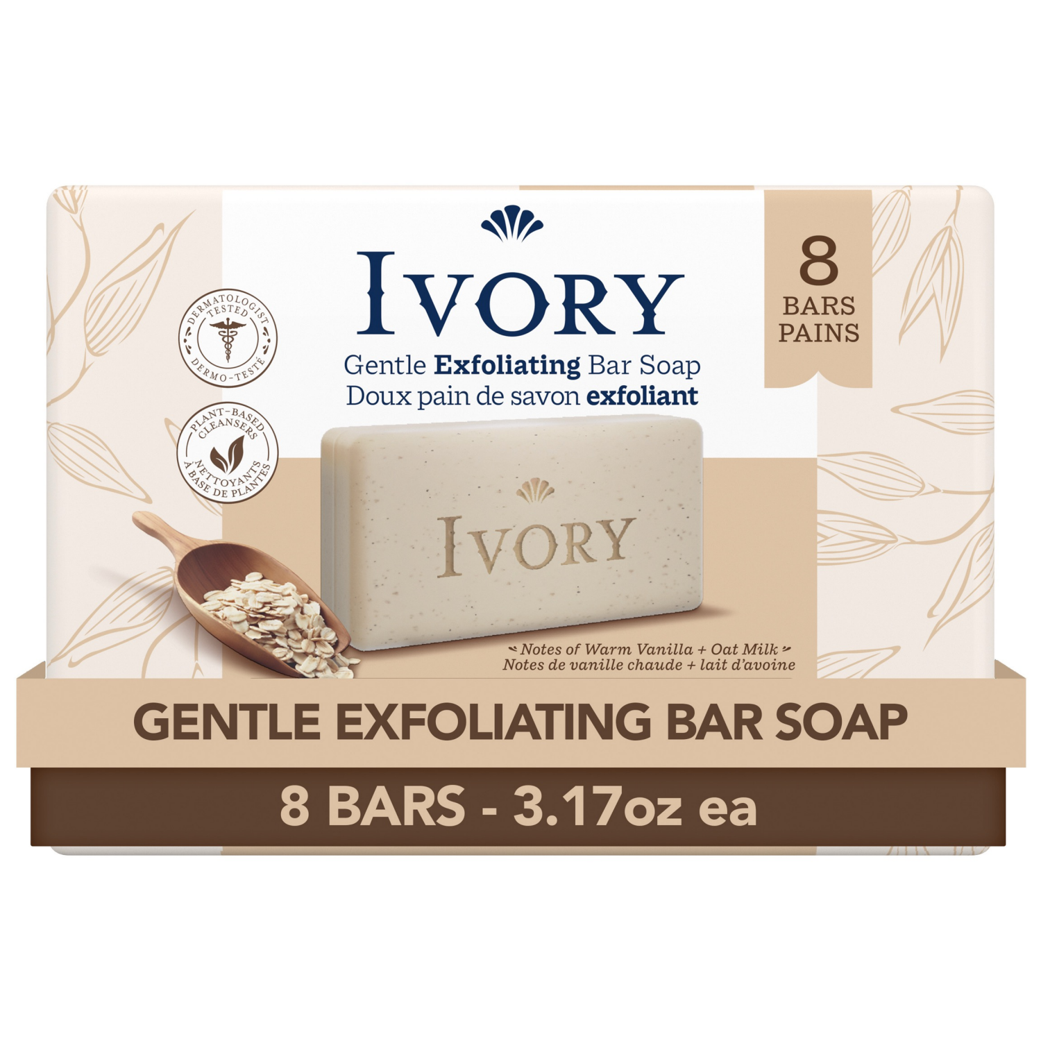 slide 1 of 5, Ivory Gentle Exfoliating Bar Soap, Notes of Warm Vanilla + Oat Milk, 3.17 oz., 8 Count, 3.17 oz, 8 ct