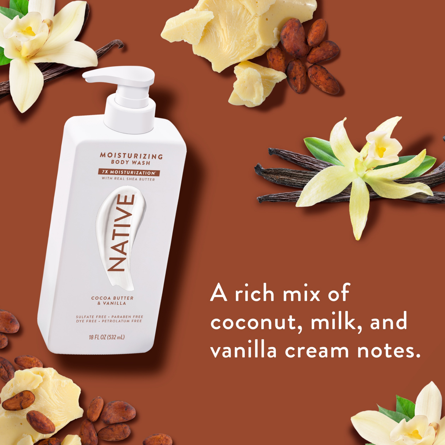 slide 4 of 8, NATIVE Cocoa Butter & Vanilla Moisturizing Body Wash 18oz, 18 fl oz