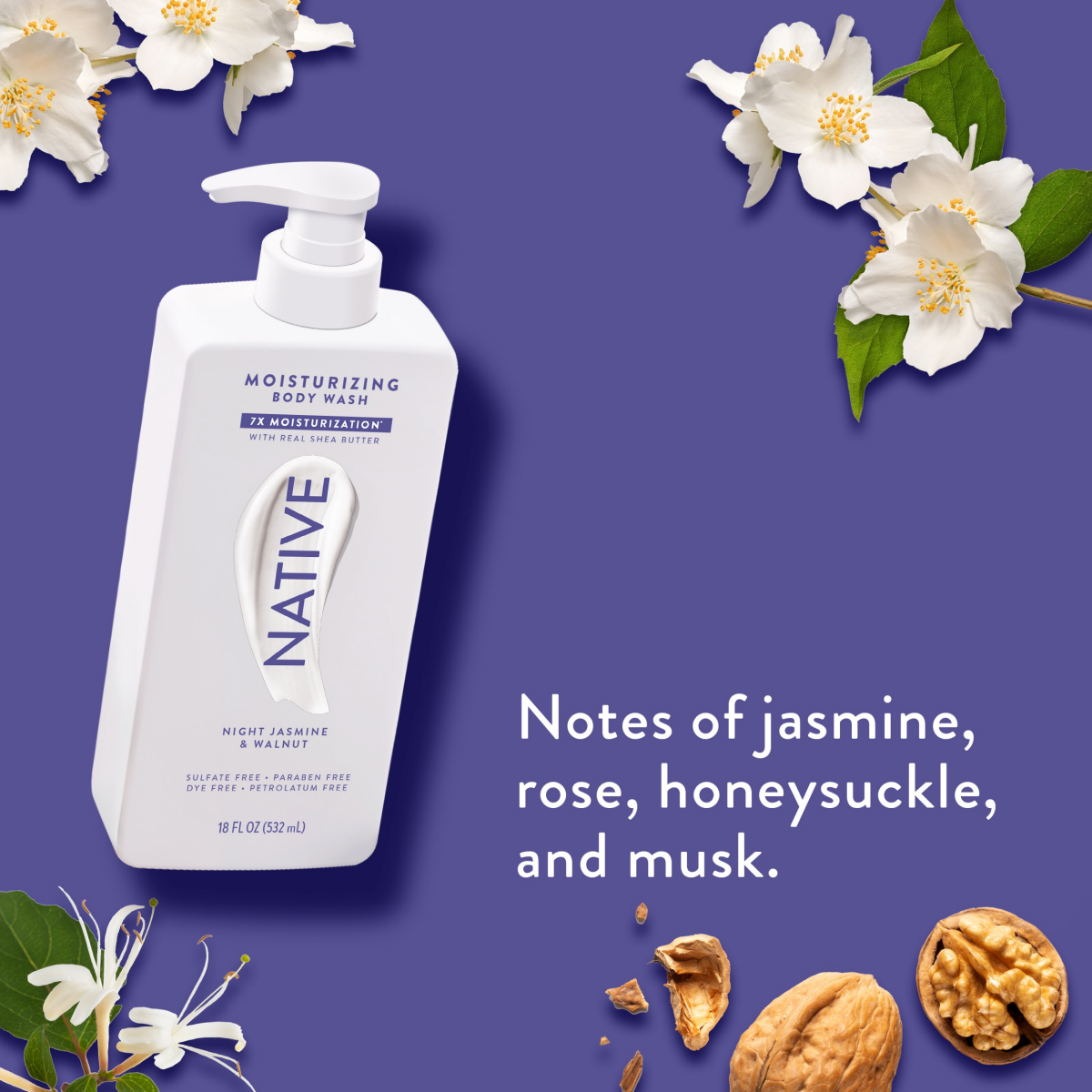 slide 4 of 8, NATIVE Night Jasmine & Walnut Moisturizing Body Wash 18oz, 18 fl oz