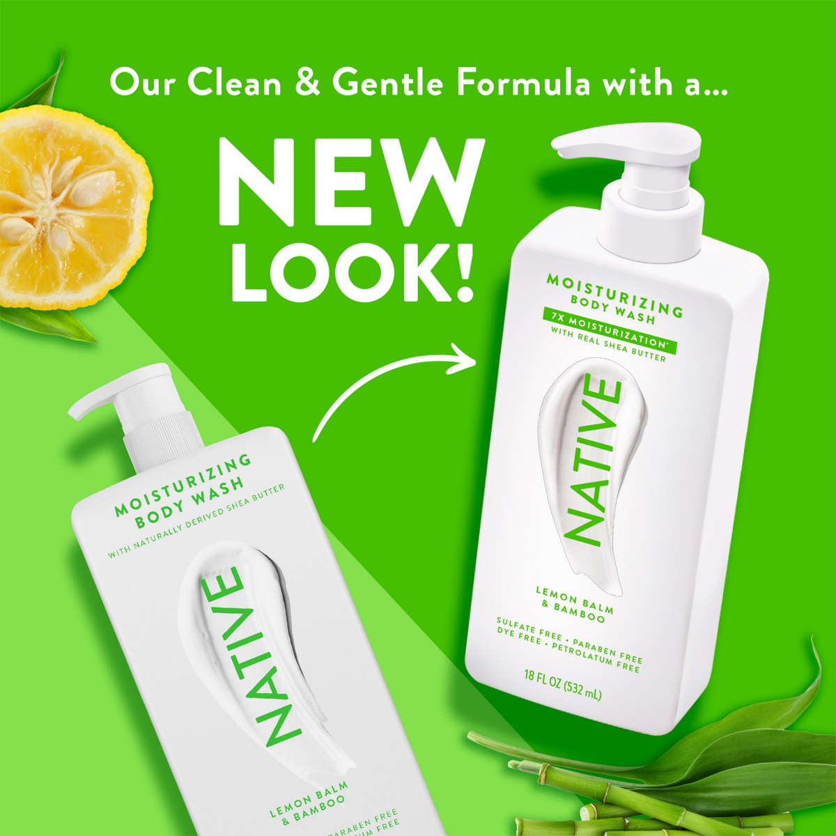 slide 3 of 8, NATIVE Lemon Balm & Bamboo Moisturizing Body Wash 18oz, 18 fl oz