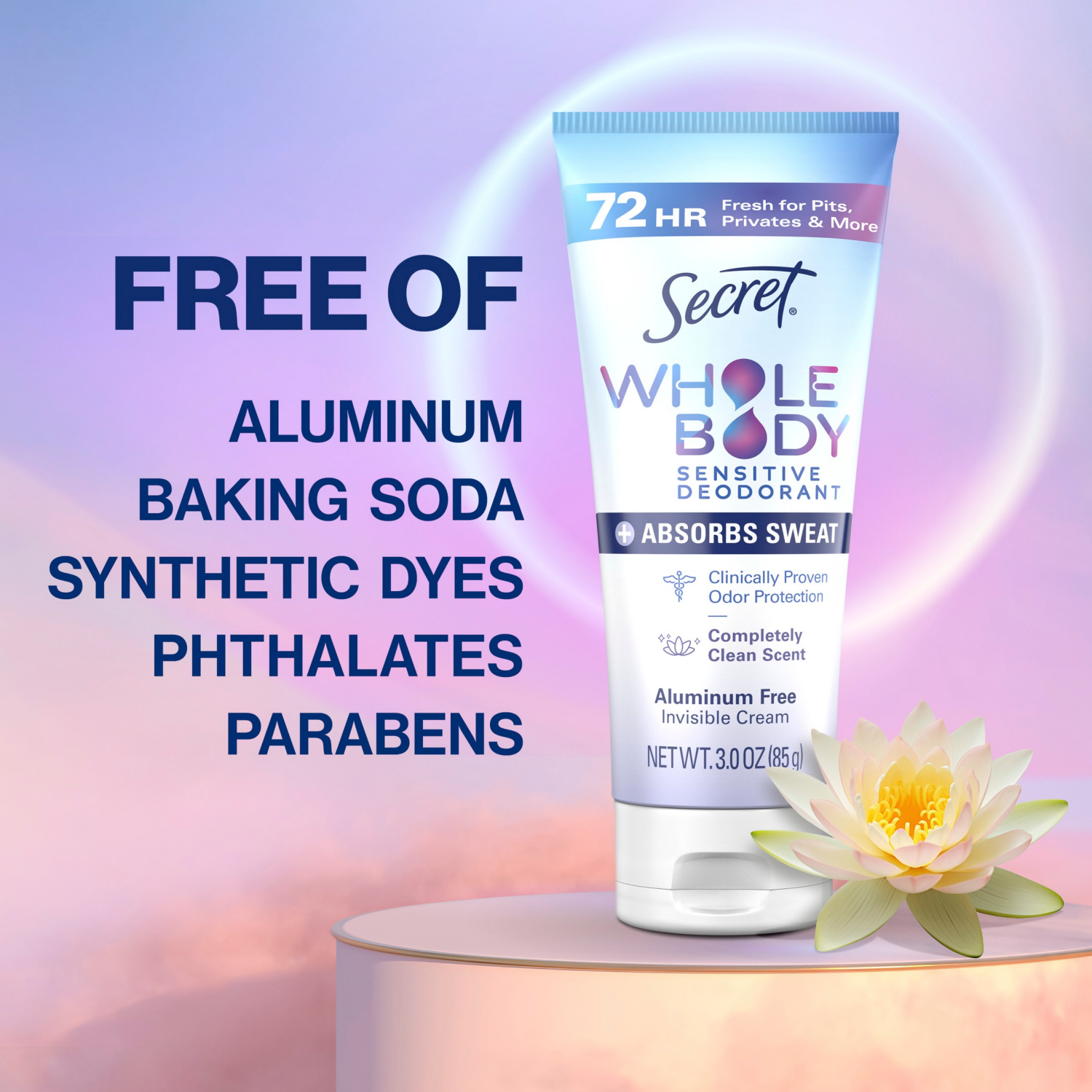 slide 6 of 8, Secret Whole Body Aluminum-Free Dry Feel Cream +Absorbs Sweat, Deodorant Stick for Women, Completely Clean Scent, 3.0oz, 3 oz