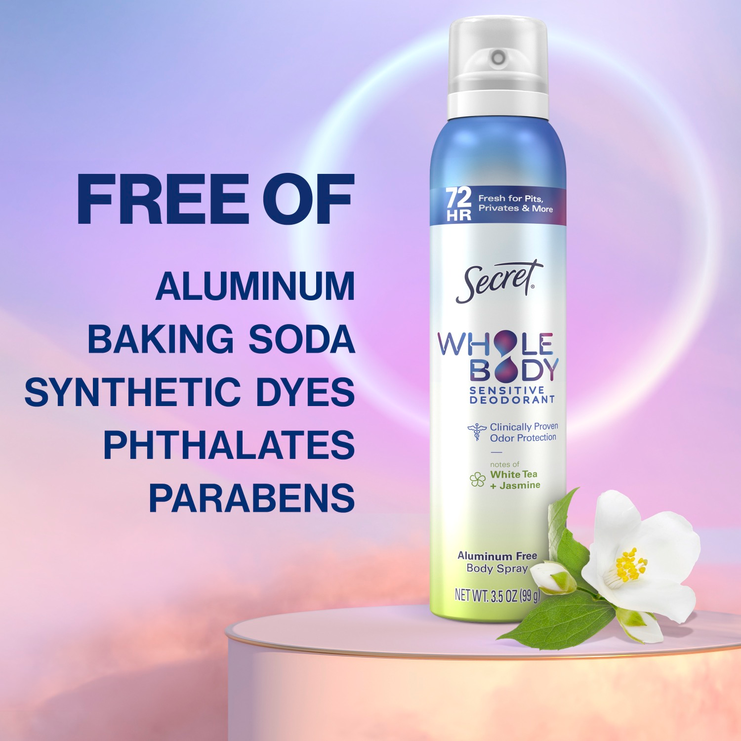 slide 6 of 8, Secret Whole Body Deodorant Spray for Women, White Tea & Jasmine Scent, Aluminum Free Deodorant Stick, 72 HR Odor Protection, 3.5oz, 3.5 oz