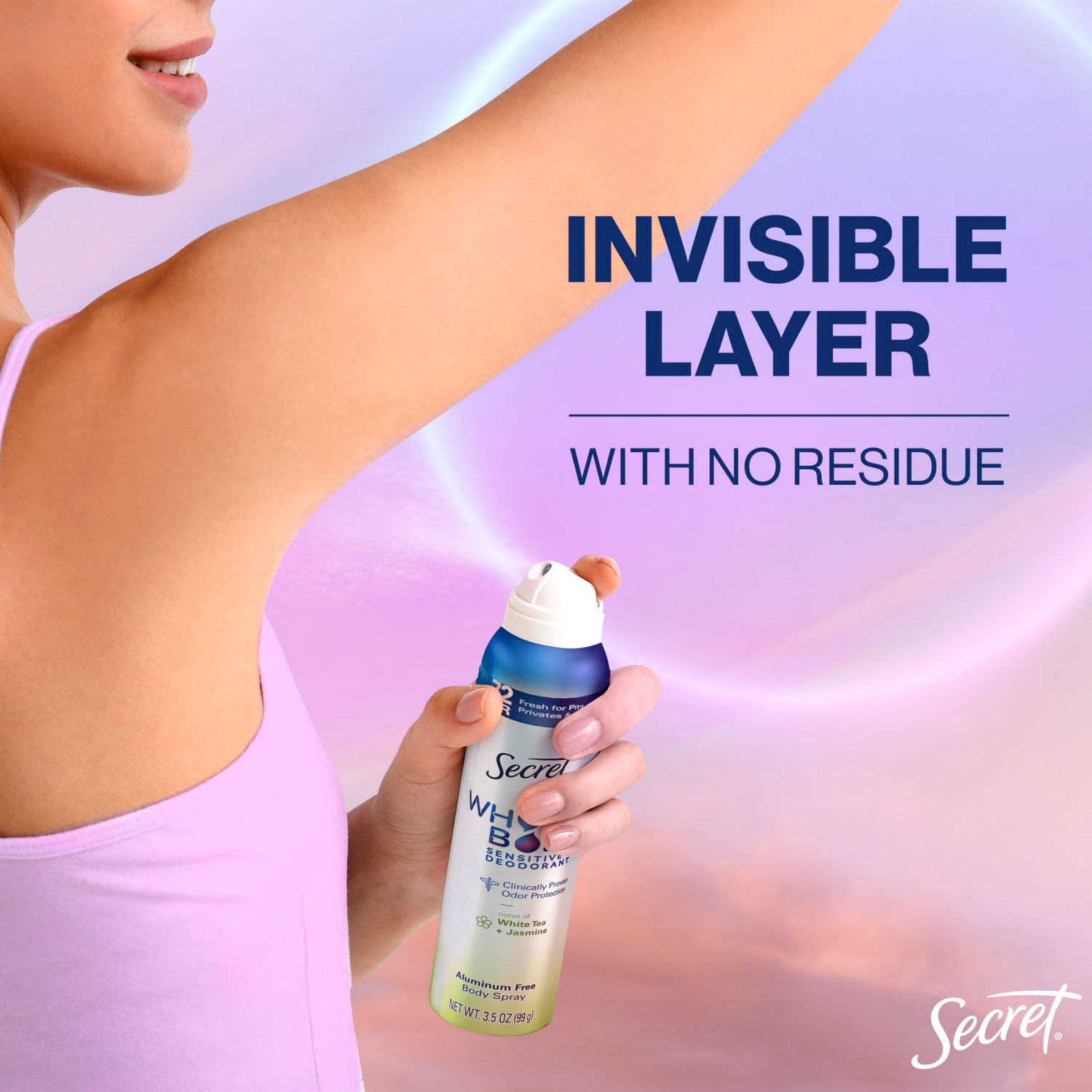 slide 8 of 8, Secret Whole Body Deodorant Spray for Women, White Tea & Jasmine Scent, Aluminum Free Deodorant Stick, 72 HR Odor Protection, 3.5oz, 3.5 oz