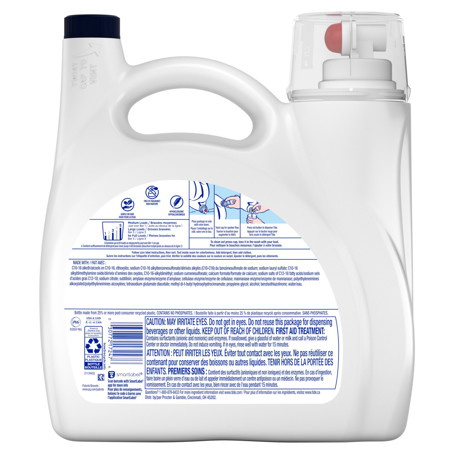 slide 5 of 8, Tide Free and Gentle Odor Refresh Laundry Detergent Liquid, 83 Count, 117 fl oz, Hypoallergenic Laundry Detergent, 117 fl oz