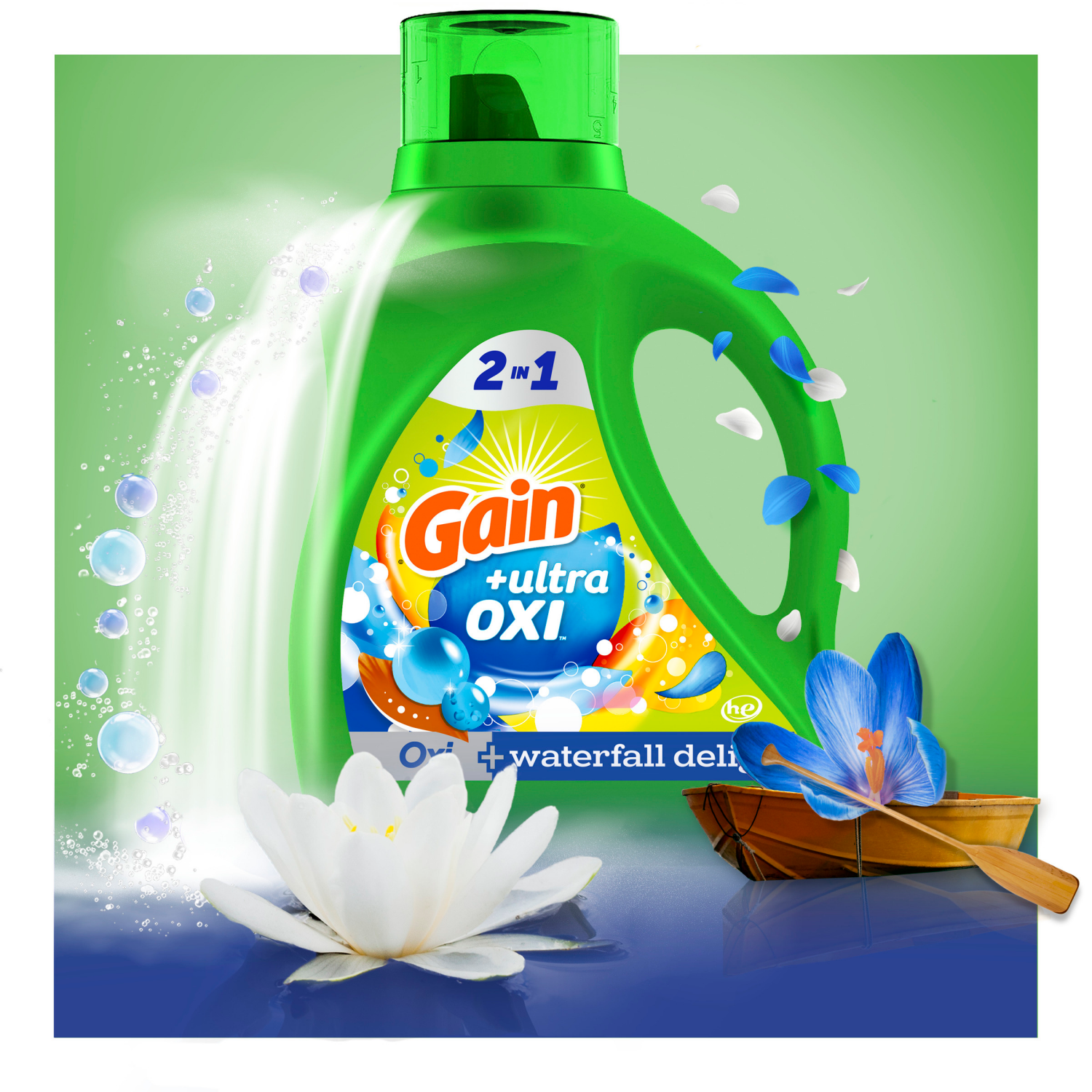 slide 5 of 5, Gain Ultra Oxi Liquid Laundry Detergent, Waterfall Delight Scent, 194 fl oz, 134 loads, Laundry Detergent Liquid Soap, HE compatible, 194 fl oz