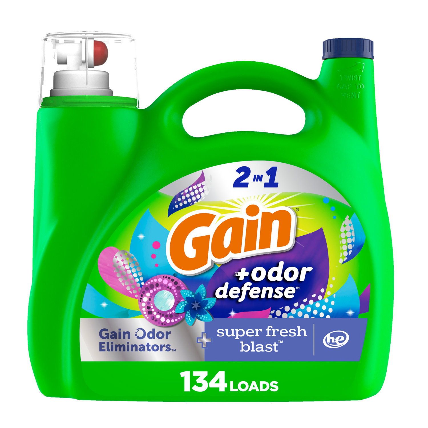 slide 1 of 5, Gain Odor Defense Liquid Laundry Detergent, Super Fresh Blast Scent, 194 fl oz, 134 loads, 2 in 1, Laundry Detergent Liquid Soap, HE compatible, 1.51 gal