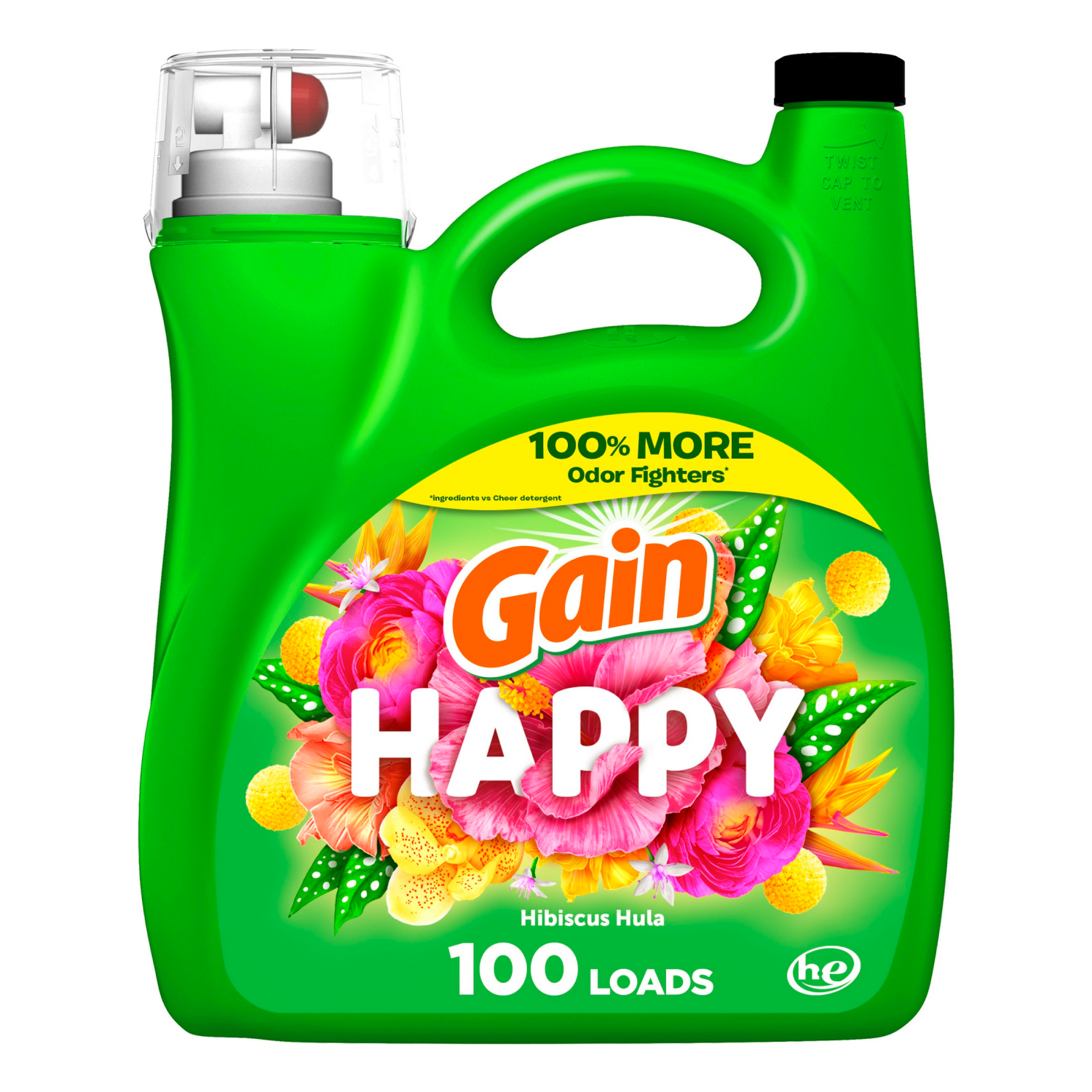 slide 1 of 8, Gain Liquid Laundry Detergent, Happy, Hibiscus Hula, 144 fl oz, 100 loads, Laundry Detergent Liquid Soap, HE compatible, 144 fl oz