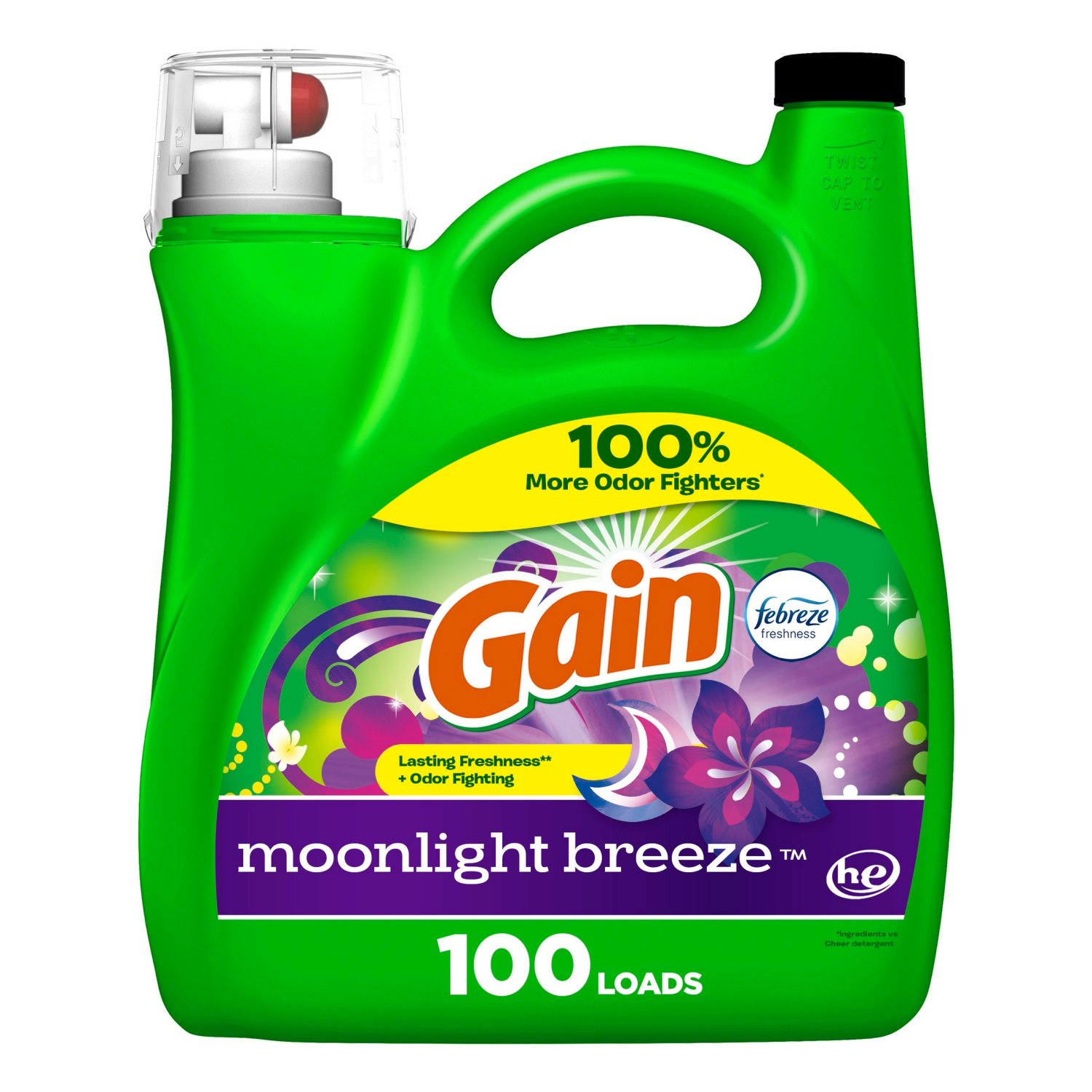 slide 1 of 8, Gain Liquid Laundry Detergent, Moonlight Breeze Scent, 144 fl oz, 100 loads, Freshness + Odor Fighting, Laundry Detergent Liquid Soap, HE compatible, 144 fl oz
