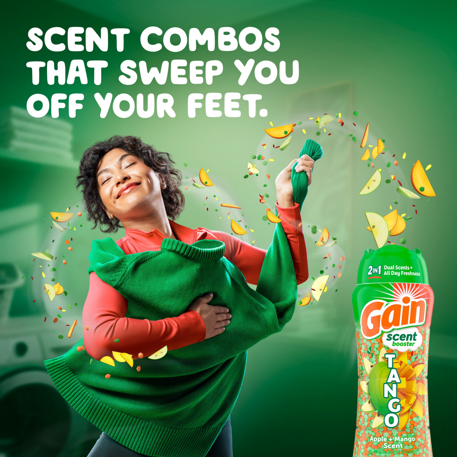 slide 6 of 8, Gain Tango 2-in-1 Laundry Scent Booster Beads, Apple and Mango Scent, 10.7 OZ, Laundry Beads with Dual Scents Plus All Day Freshness, 10.7 oz