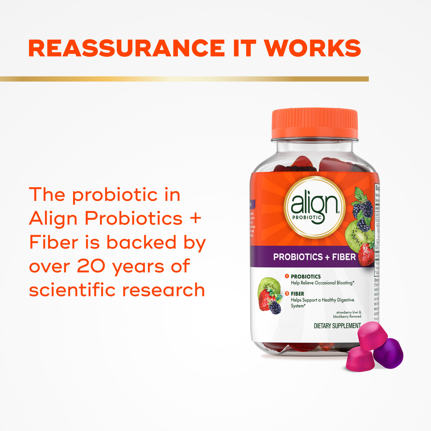 slide 3 of 5, Align Probiotic, Probiotics + Fiber Gummies, Probiotics Help Relieve Occasional Bloating*, Fiber Helps Support a Healthy Digestive System*, #1 Doctor Recommended Probiotic Brand, 60 Gummies, 60 ct