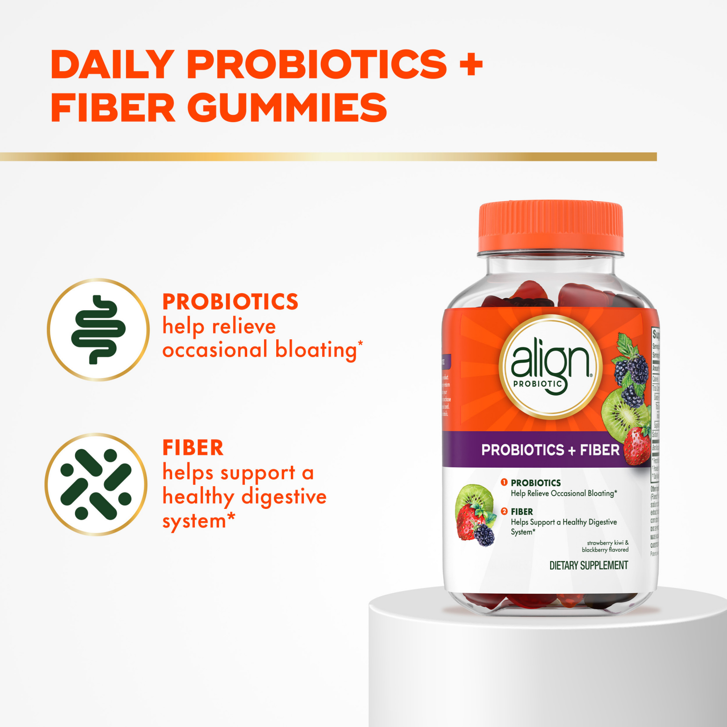 slide 4 of 5, Align Probiotic, Probiotics + Fiber Gummies, Probiotics Help Relieve Occasional Bloating*, Fiber Helps Support a Healthy Digestive System*, #1 Doctor Recommended Probiotic Brand, 60 Gummies, 60 ct
