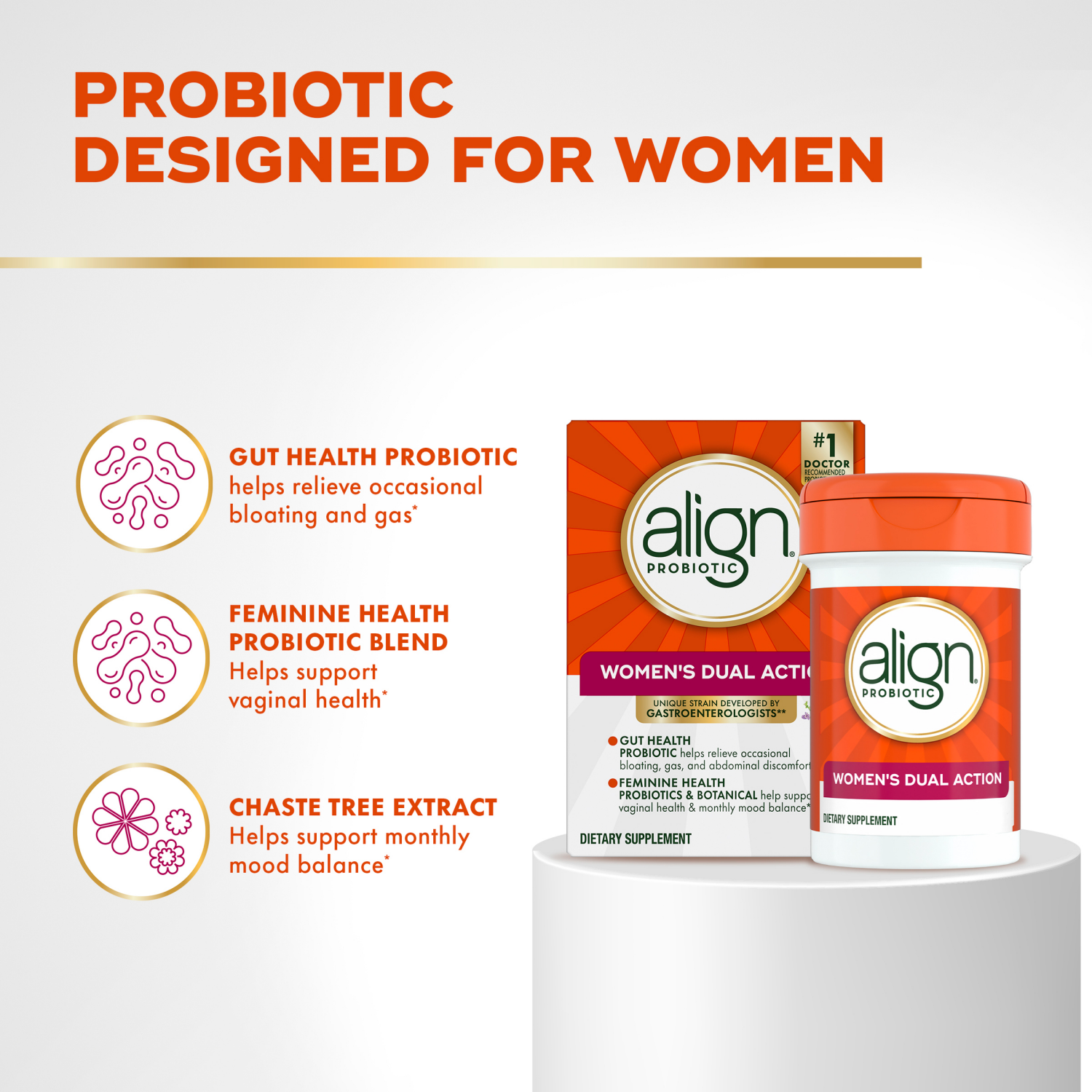 slide 7 of 8, Align Probiotic, Women's Dual Action, Probiotics for Women, Multi-Strain Probiotics for Women, Probiotics for Women Support Feminine Health*, Probiotics for Women Support Gut Health*, 42 Capsules, 42 ct