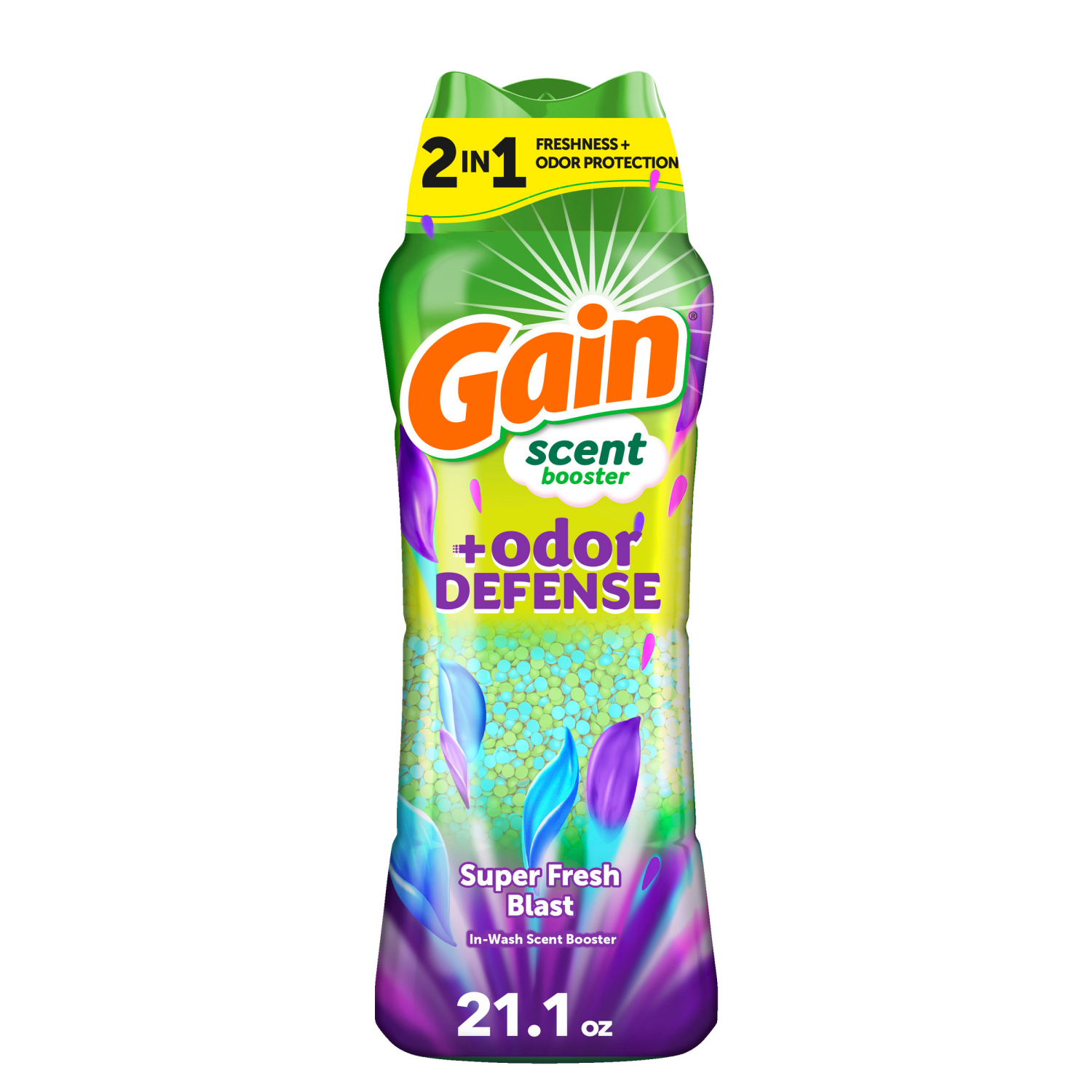 slide 1 of 8, Gain Odor Defense In-wash Scent Booster, Super Fresh Blast scent, 21.1 OZ, 2 in 1 Freshness plus Odor Protection, laundry scent beads, 21.1 oz