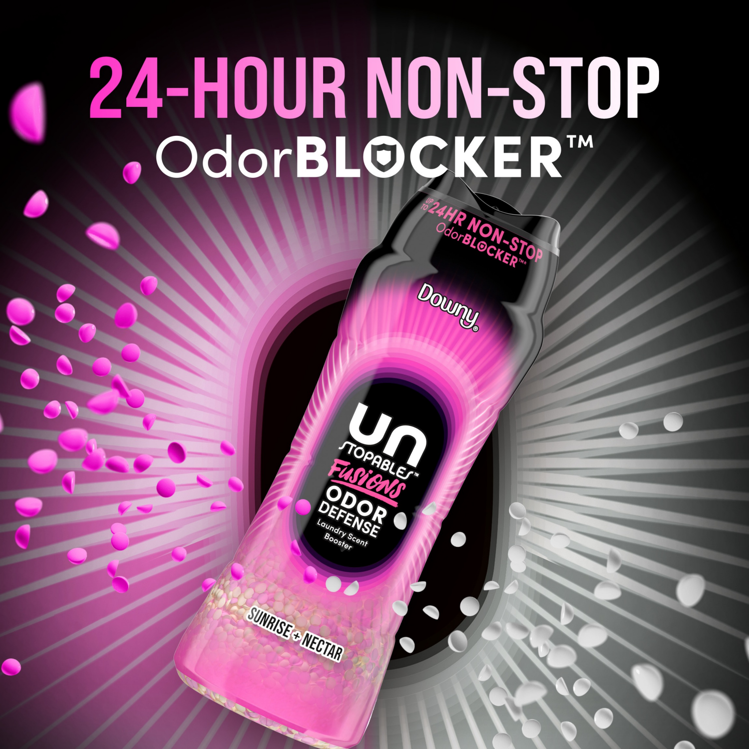 slide 6 of 8, Downy Unstopables Fusions Odor Defense In-Wash Laundry Scent Booster Beads, Sunrise + Nectar Scent, 21.1 OZ, 2-in-1 Laundry Beads for Odor Defense, 21.1 oz