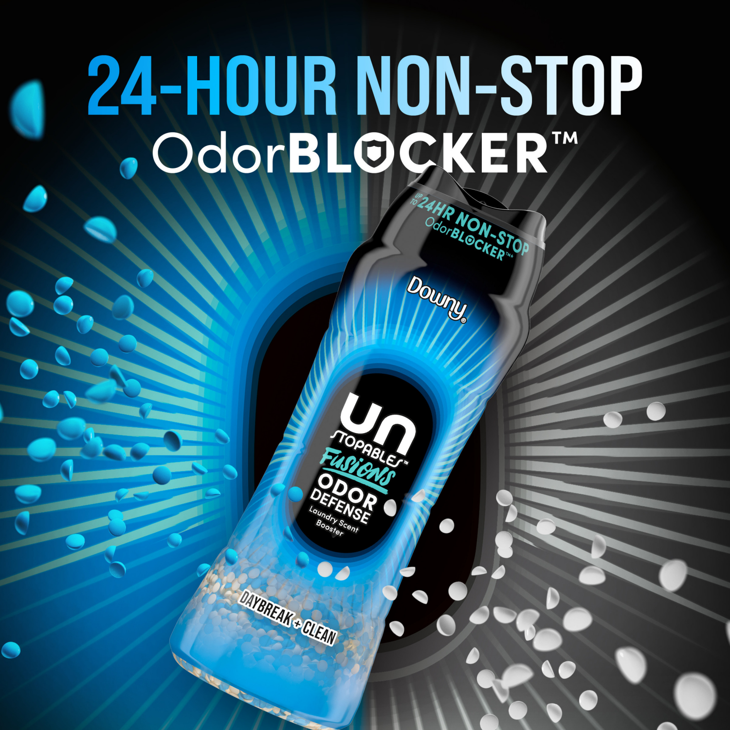slide 4 of 8, Downy Unstopables Fusions Odor Defense In-Wash Laundry Scent Booster Beads, Daybreak + Clean Scent, 21.1 OZ, 2-in-1 Laundry Beads for Odor Defense, 21.1 oz