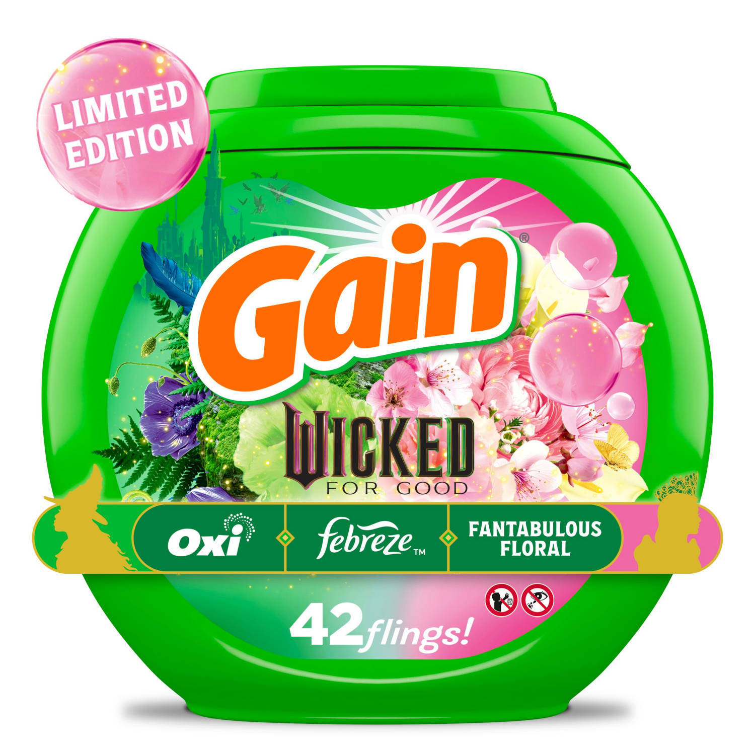 slide 1 of 8, Gain Flings! "Wicked: For Good" Limited Edition Laundry Detergent Pacs, 42 Count, Fantabulous Floral Scent, 3 in 1 HE Detergent Pacs with Oxi Boost and Febreeze, 42 ct