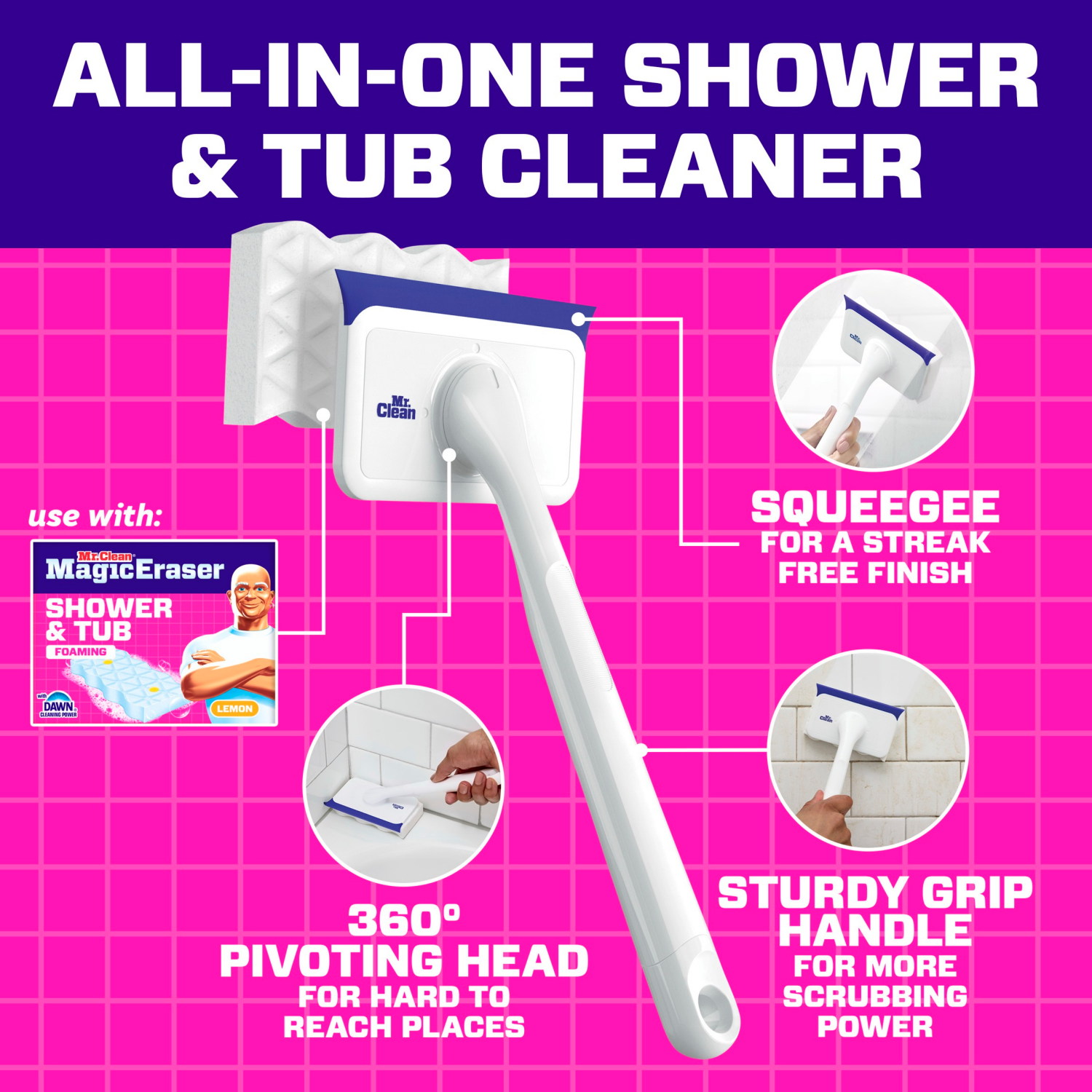 slide 5 of 8, Mr Clean Mr. Clean Magic Eraser Shower & Tub Scrubber, Lemon Starter Kit, 1 Scrubber & 2 Erasers, 1 ct