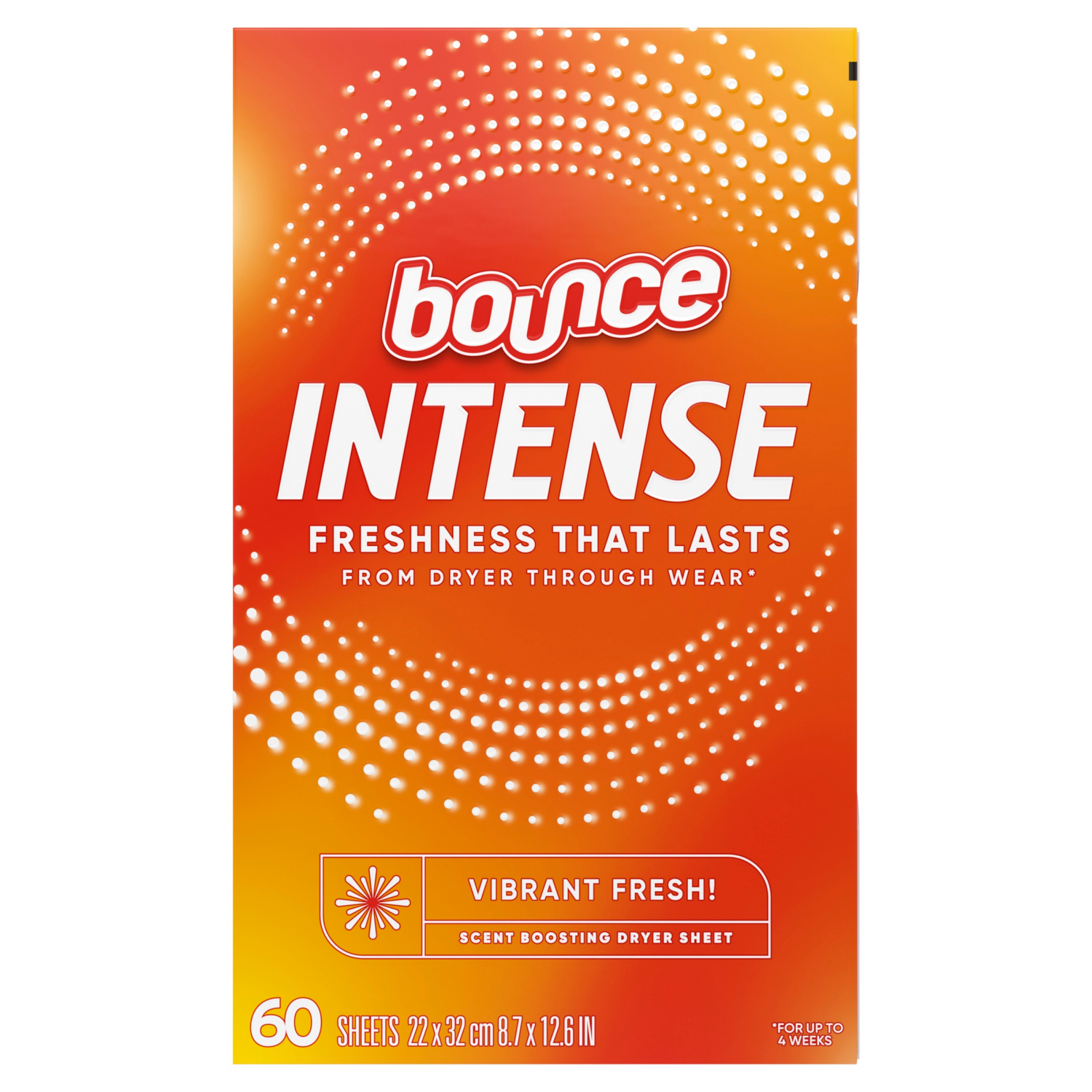 slide 3 of 8, Bounce Intense Dryer Sheets, Vibrant Fresh, 60 Count, Scent Boosting Dryer Sheet, 60 ct