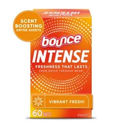 Bounce Intense Dryer Sheets, Vibrant Fresh, 60 Count, Scent Boosting Dryer Sheet