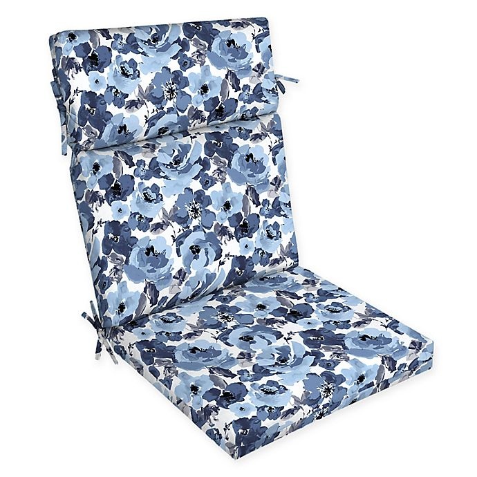 slide 1 of 2, Arden Selections Garden Print Outdoor Dining Chair Cushion - Blue/Cream, 1 ct