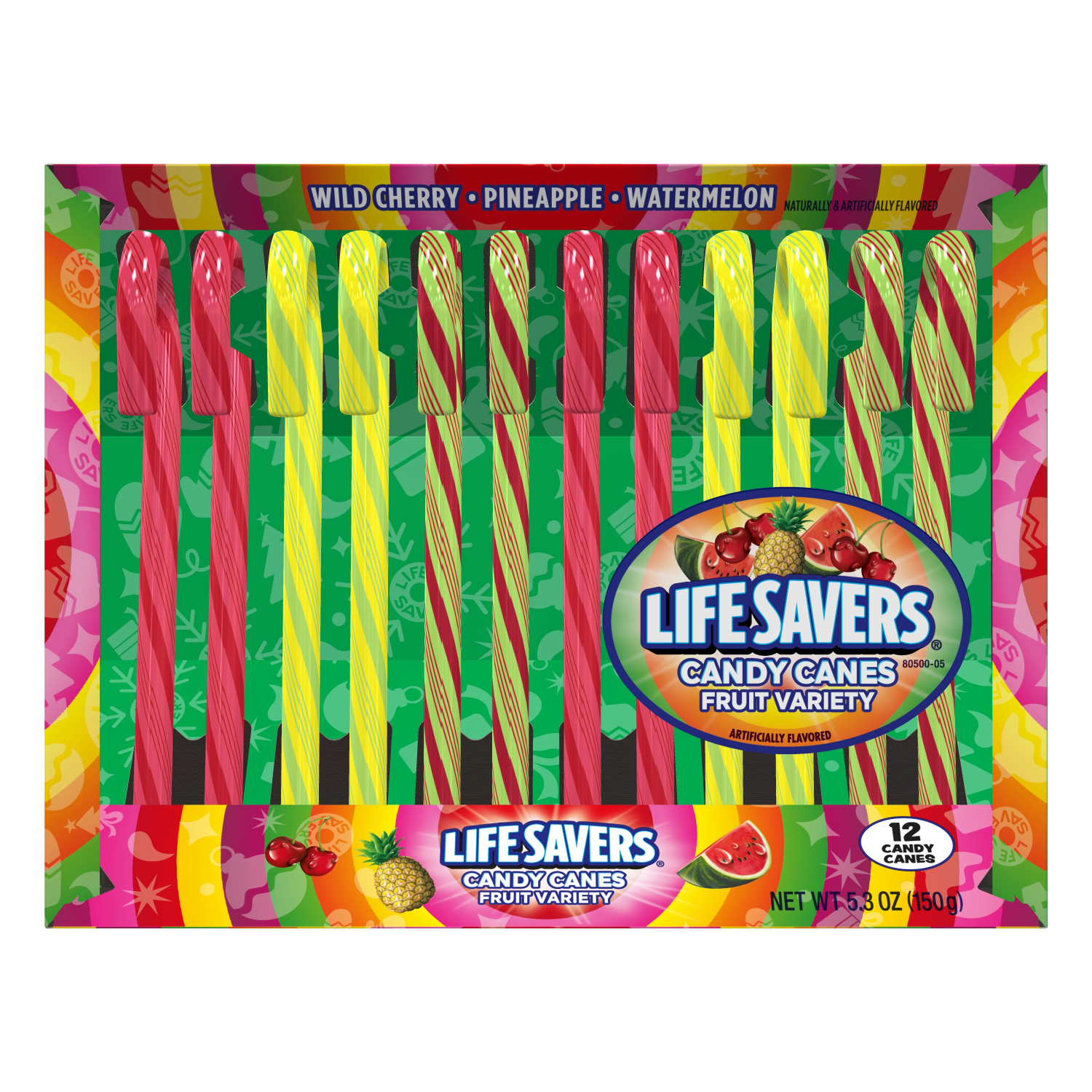 slide 1 of 2, Life Savers Fruit Variety Wild Cherry/Pineapple/Watermelon Candy Canes 12 ea, 12 ct