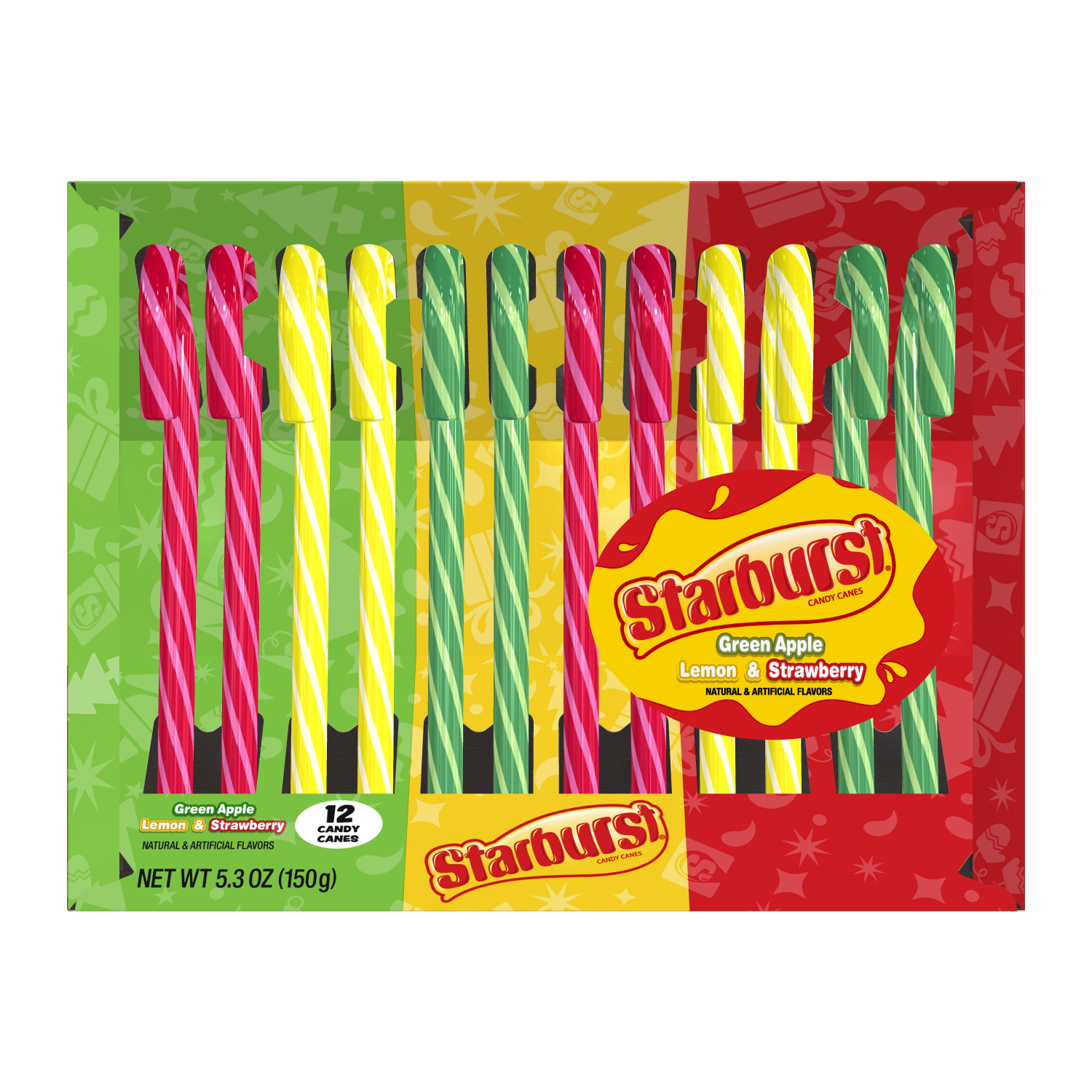 slide 1 of 2, Starburst Green Apple Lemon & Strawberry Candy Canes 12 ea, 12 ct