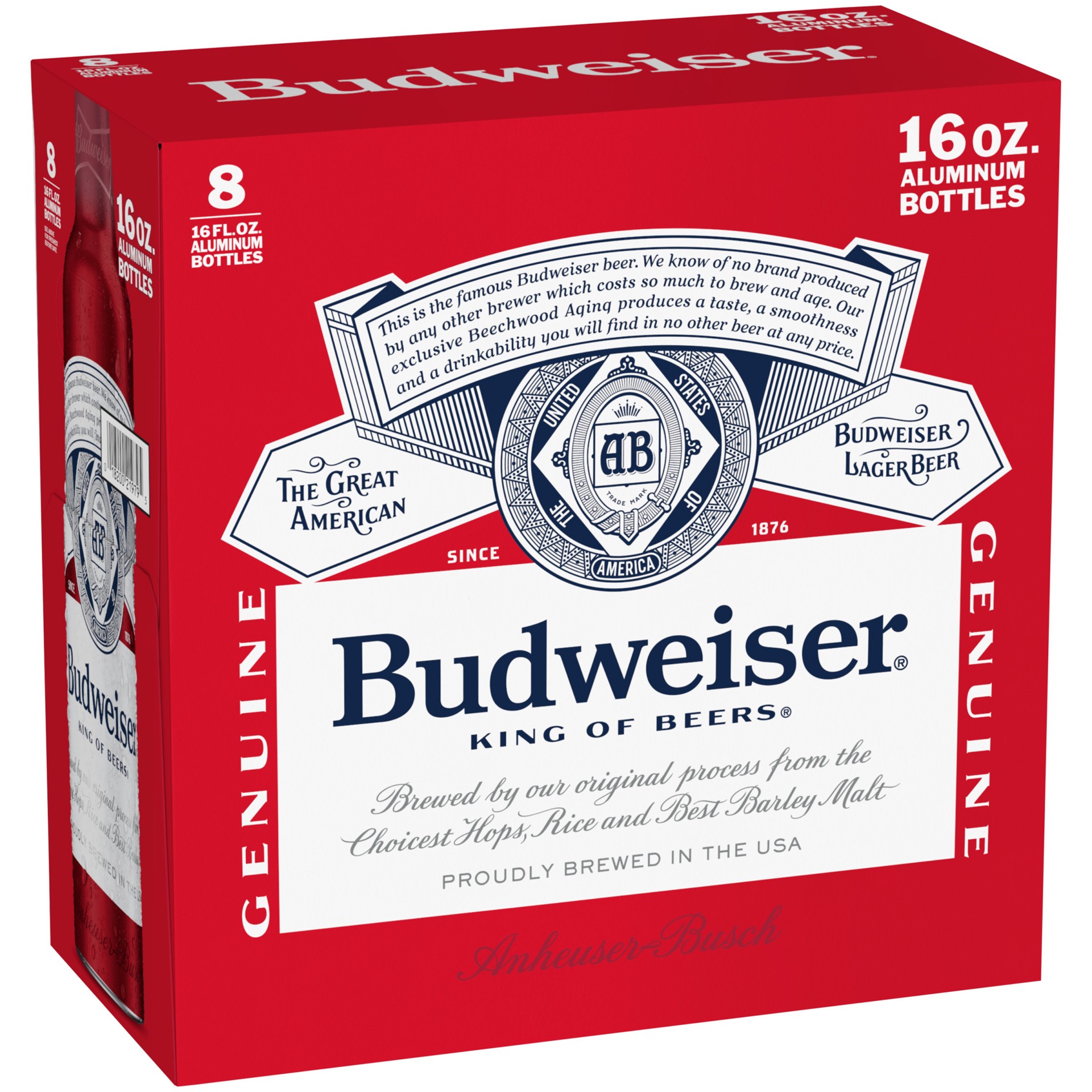 slide 1 of 1, Budweiser American Lager Beer 8 Pack, 16 fl oz Aluminum Bottles, 128 fl oz