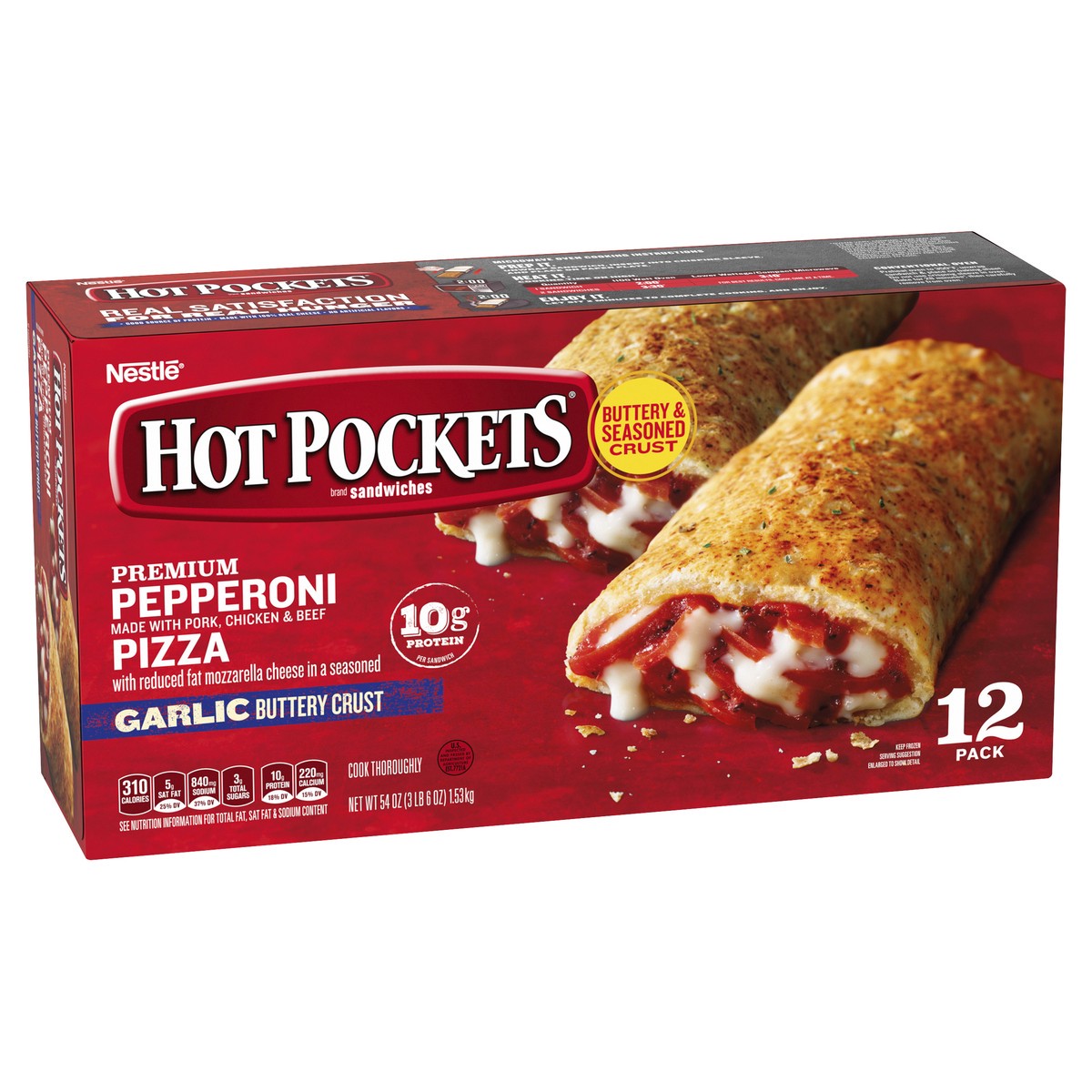 slide 2 of 8, Hot Pockets Pepperoni Pizza Garlic Buttery Crust Frozen Snacks, Pizza Snacks Made with Reduced Fat Mozzarella Cheese, 12 Count Frozen Sandwiches, 54 oz