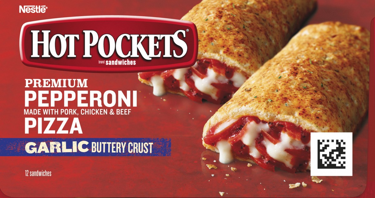 slide 3 of 8, Hot Pockets Pepperoni Pizza Garlic Buttery Crust Frozen Snacks, Pizza Snacks Made with Reduced Fat Mozzarella Cheese, 12 Count Frozen Sandwiches, 54 oz