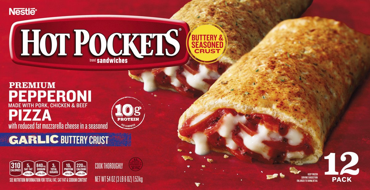 slide 4 of 8, Hot Pockets Pepperoni Pizza Garlic Buttery Crust Frozen Snacks, Pizza Snacks Made with Reduced Fat Mozzarella Cheese, 12 Count Frozen Sandwiches, 54 oz