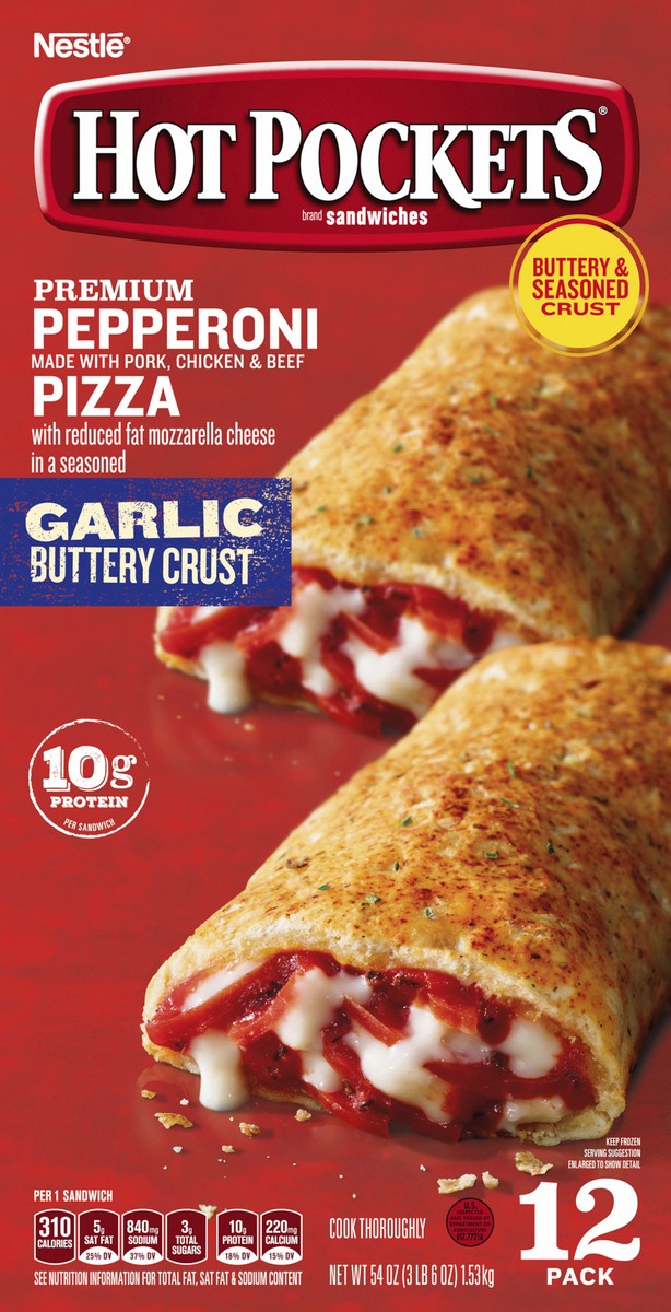 slide 5 of 8, Hot Pockets Pepperoni Pizza Garlic Buttery Crust Frozen Snacks, Pizza Snacks Made with Reduced Fat Mozzarella Cheese, 12 Count Frozen Sandwiches, 54 oz