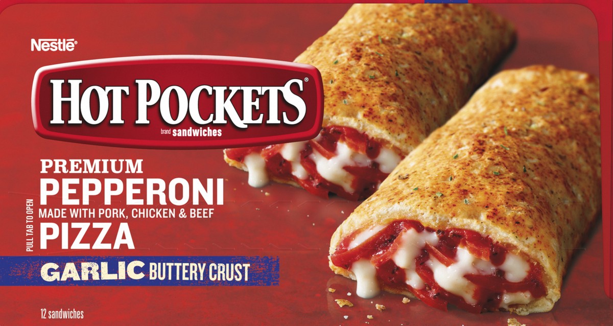 slide 8 of 8, Hot Pockets Pepperoni Pizza Garlic Buttery Crust Frozen Snacks, Pizza Snacks Made with Reduced Fat Mozzarella Cheese, 12 Count Frozen Sandwiches, 54 oz