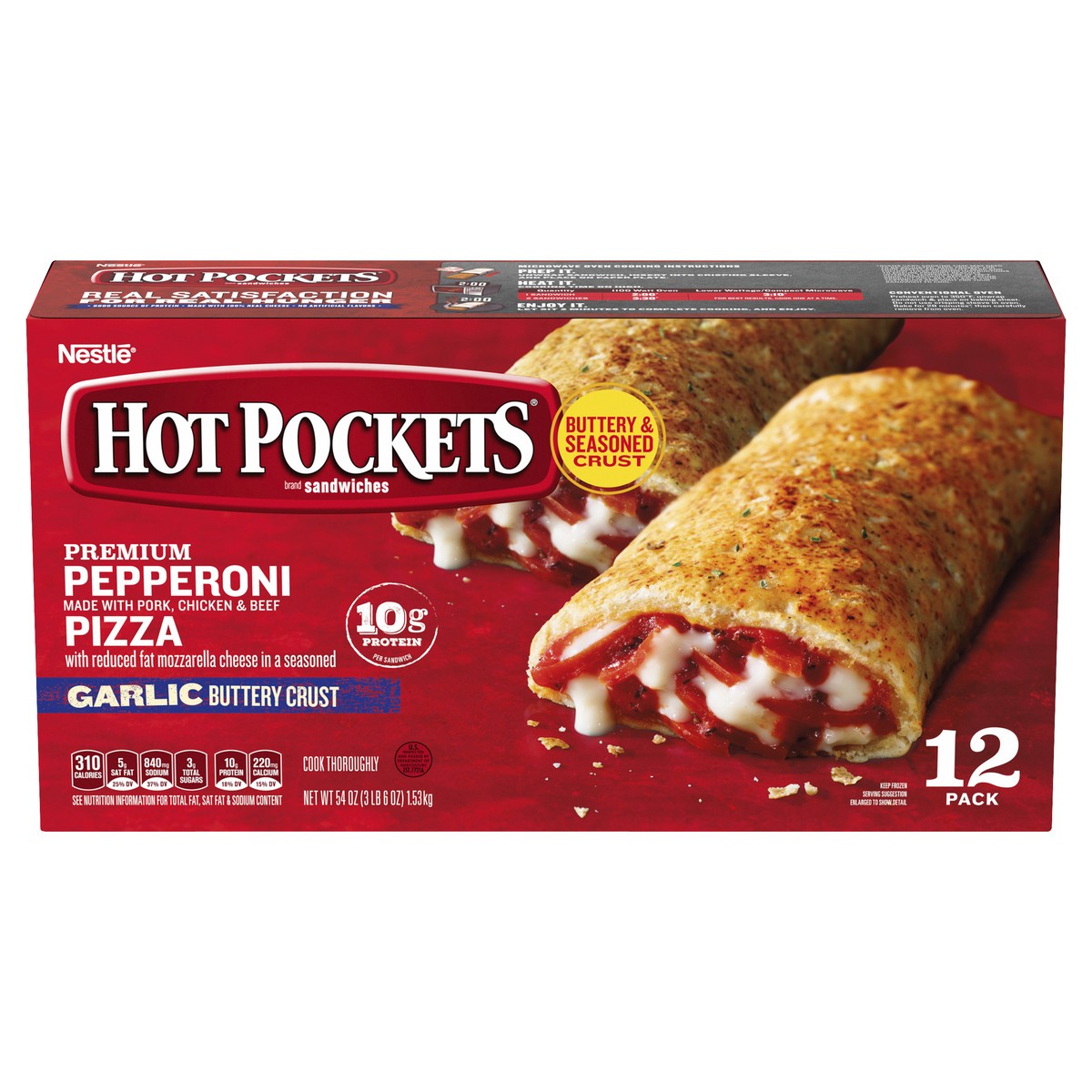 slide 1 of 8, Hot Pockets Pepperoni Pizza Garlic Buttery Crust Frozen Snacks, Pizza Snacks Made with Reduced Fat Mozzarella Cheese, 12 Count Frozen Sandwiches, 54 oz