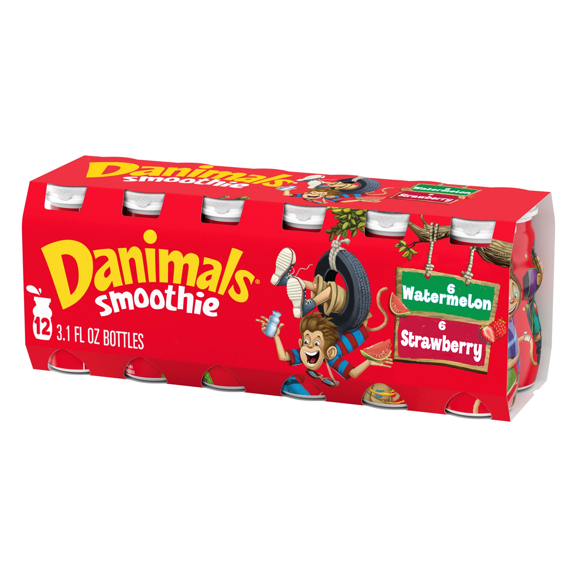 slide 1 of 5, Danimals Smoothie Strawberry Explosion and Wild Watermelon Dairy Drink Multi-Pack, Easy Snacks for Kids, 12 Ct, 3.1 OZ Smoothie Bottles, 12 ct; 3.1 oz