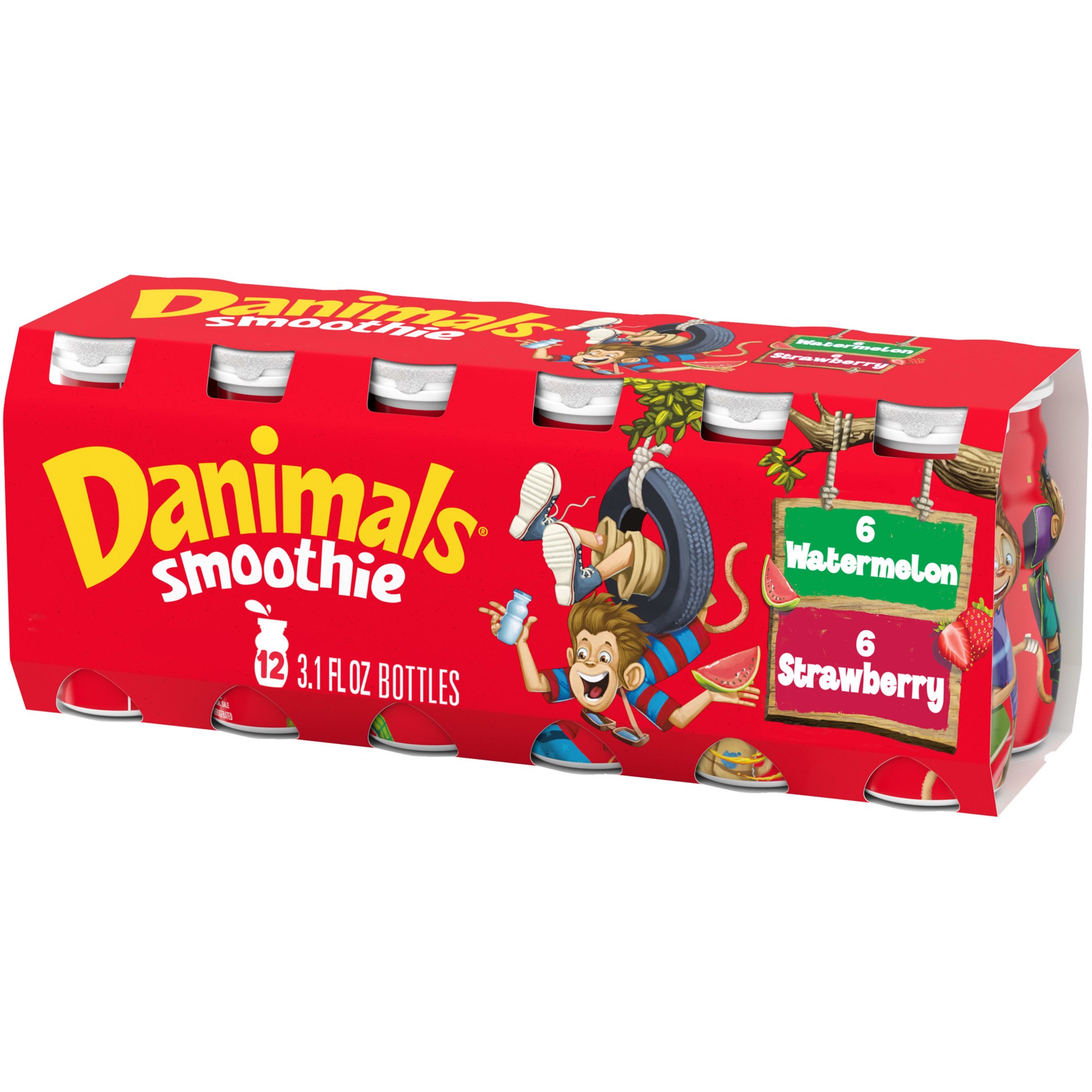 slide 1 of 5, Danimals Smoothie Strawberry Explosion and Wild Watermelon Dairy Drink Multi-Pack, Easy Snacks for Kids, 12 Ct, 3.1 OZ Smoothie Bottles, 12 ct; 3.1 oz