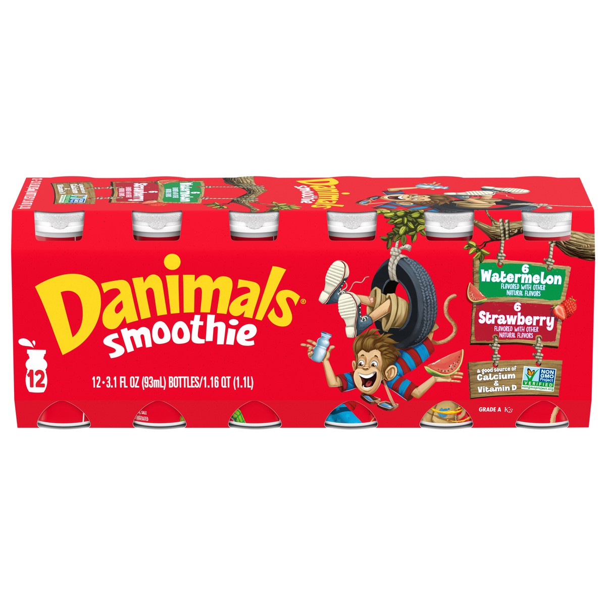 slide 1 of 5, Danimals Smoothie Strawberry Explosion and Wild Watermelon Dairy Drink Multi-Pack, 12 Ct, 3.1 OZ Smoothie Bottles, 12 ct