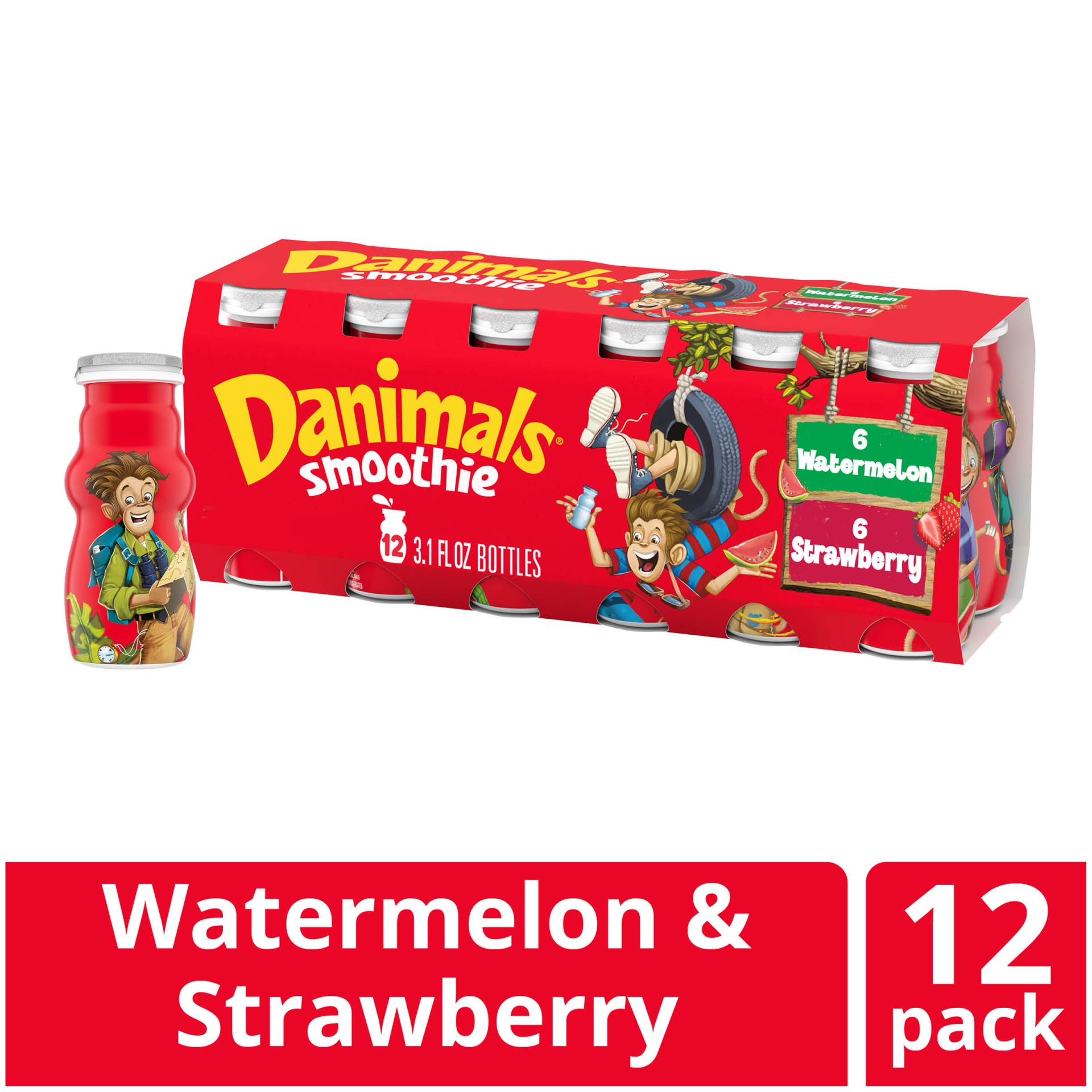 slide 1 of 7, Danimals Strawberry Explosion & Wild Watermelon Variety Pack Smoothies Bottles, 3.1 fl oz