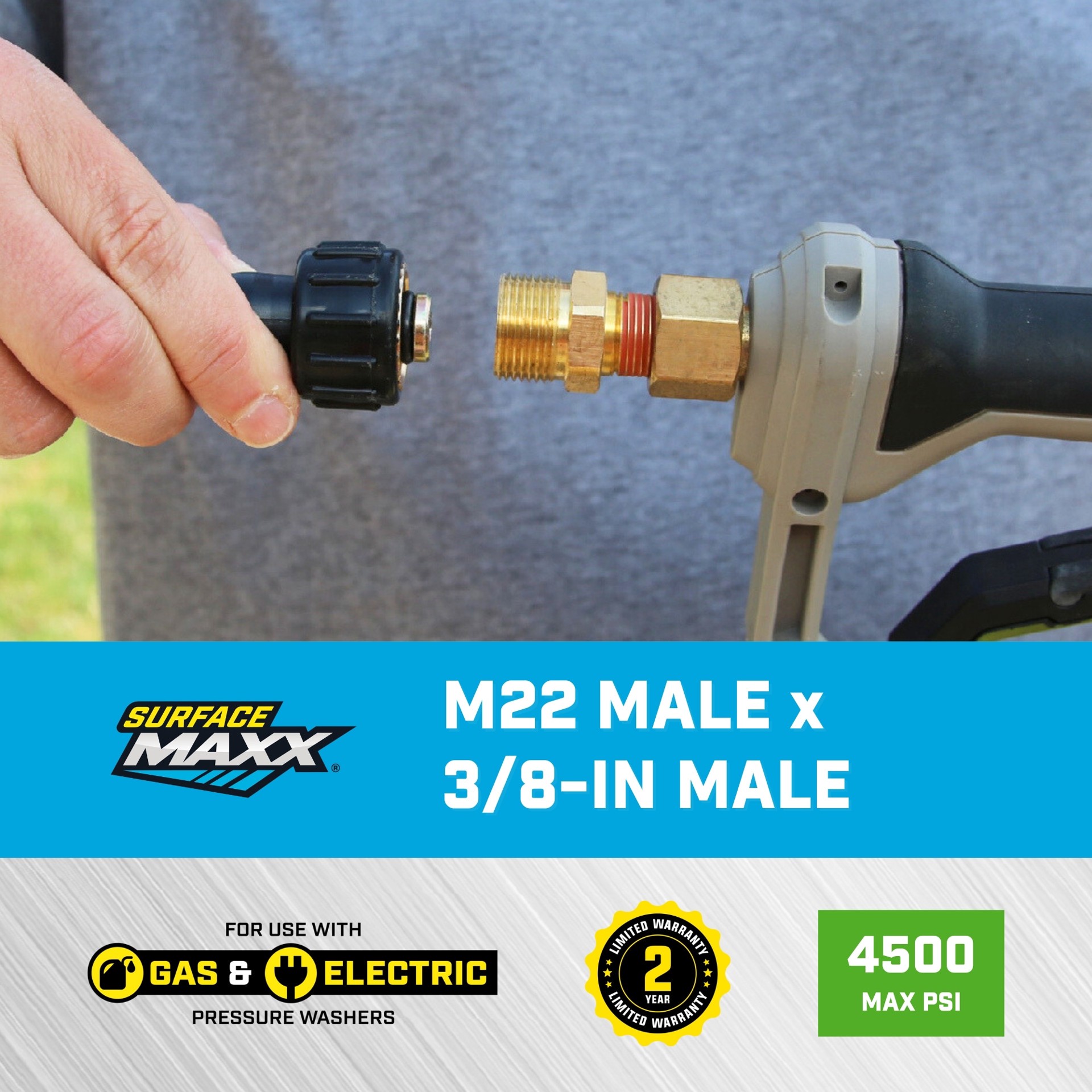 slide 5 of 6, SurfaceMaxx up to 4500 PSI 3/8-in male to M22 (14-mm) male Brass Gas and Electric Pressure Washers Connector, 1 ct