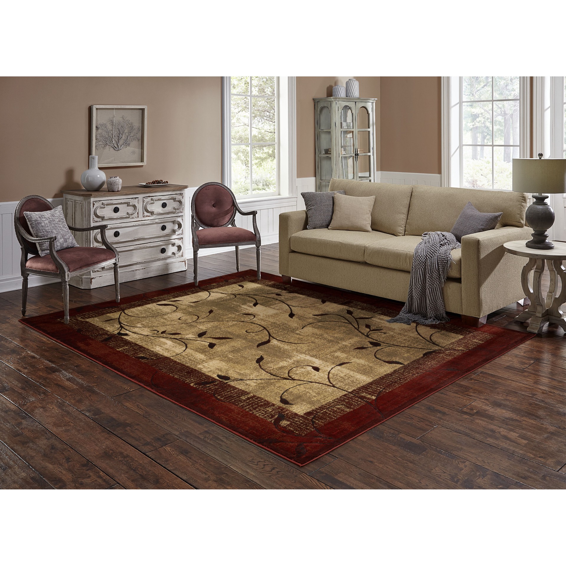 slide 1 of 6, allen + roth Tinsley Red 8 x 11 (ft) Loomed Red Rectangular Indoor Border Farmhouse/Cottage Pet Friendly Area rug, 1 ct