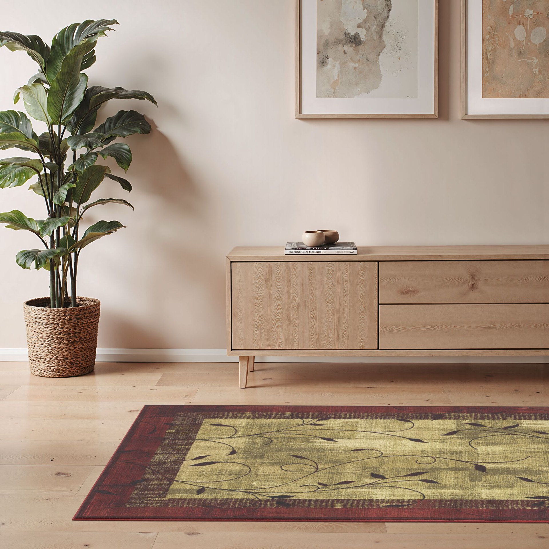 slide 2 of 6, allen + roth Tinsley Red 5 x 8 (ft) Loomed Red Rectangular Indoor Border Farmhouse/Cottage Pet Friendly Area rug, 1 ct