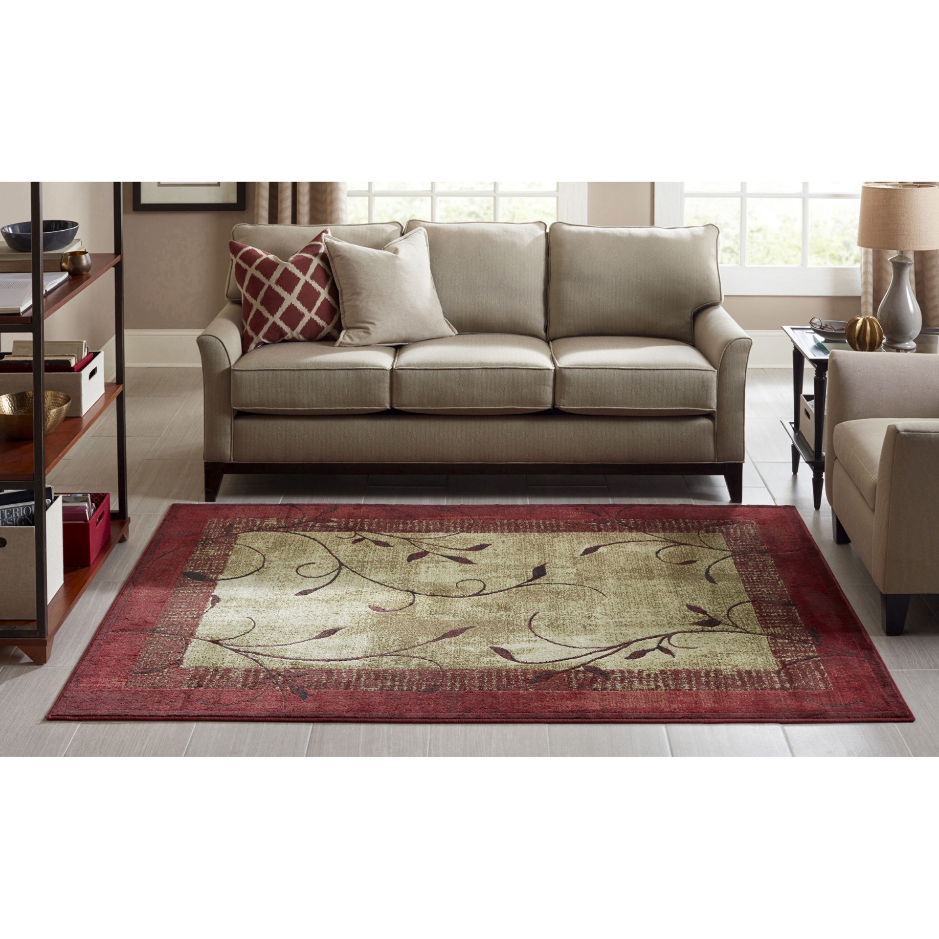 slide 1 of 6, allen + roth Tinsley Red 5 x 8 (ft) Loomed Red Rectangular Indoor Border Farmhouse/Cottage Pet Friendly Area rug, 1 ct