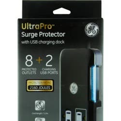 GE Ultra Pro 8 Outlet Surge Protector, 2160 Joules Cord, With USB Charing Dock (2.1A) - Black