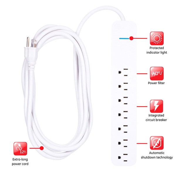 slide 15 of 29, GE 7-Outlet Power Strip Surge Protector, Extra-Long Cord, 36360, 12 ft