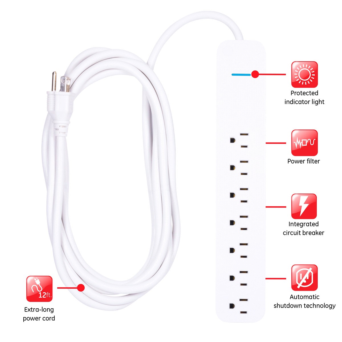 slide 3 of 29, GE 7-Outlet Power Strip Surge Protector, Extra-Long Cord, 36360, 12 ft